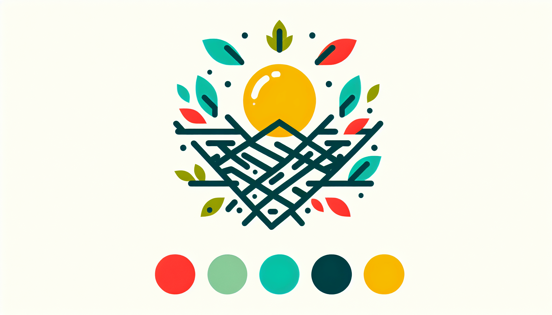 Nest in flat illustration style and white background, red #f47574, green #88c7a8, yellow #fcc44b, and blue #645bc8 colors.