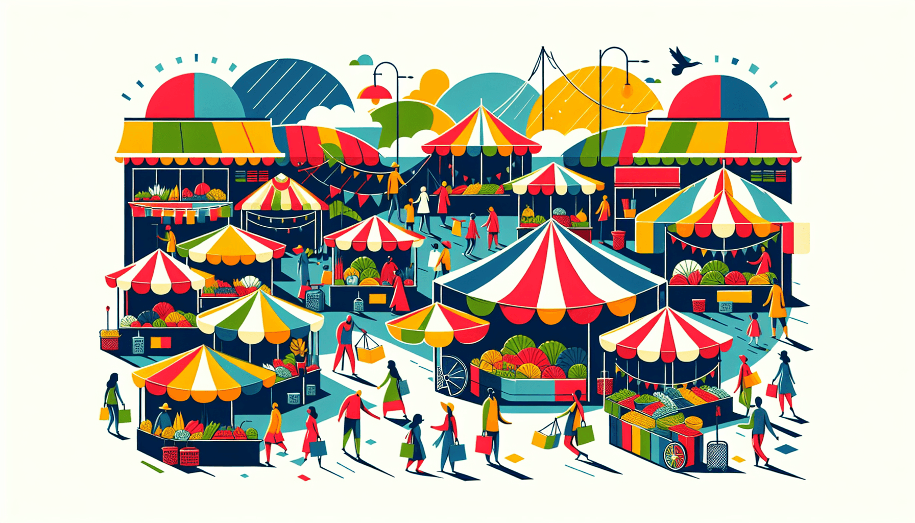 Market in flat illustration style and white background, red #f47574, green #88c7a8, yellow #fcc44b, and blue #645bc8 colors.
