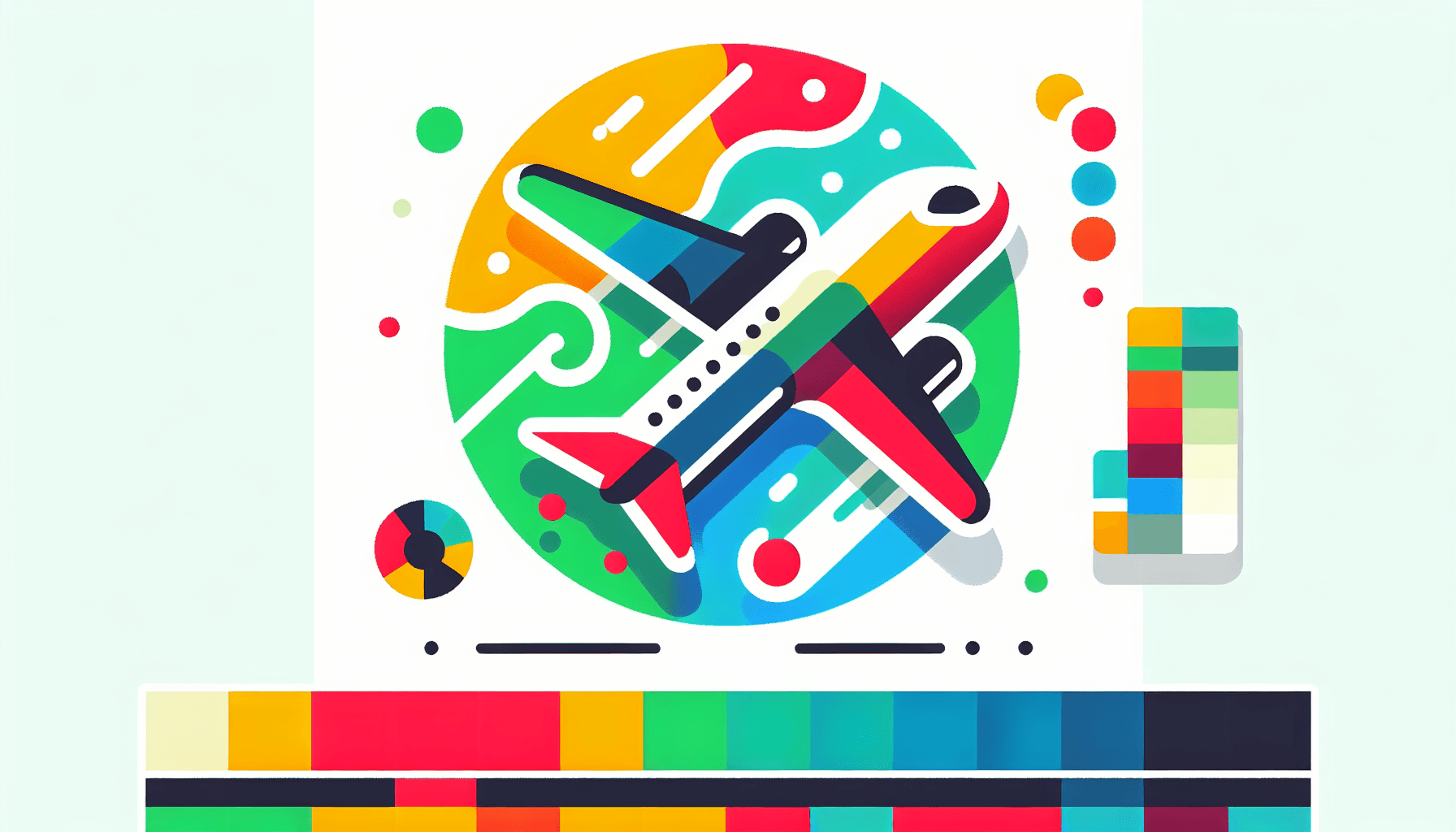 Airplane in flat illustration style and white background, red #f47574, green #88c7a8, yellow #fcc44b, and blue #645bc8 colors.