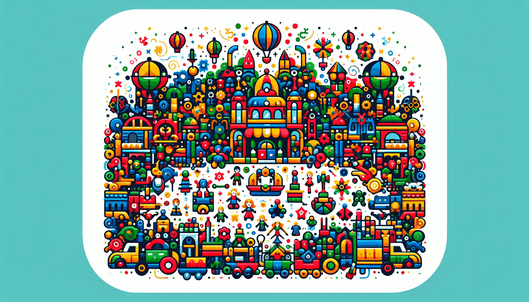 Toy empire in flat illustration style and white background, red #f47574, green #88c7a8, yellow #fcc44b, and blue #645bc8 colors.