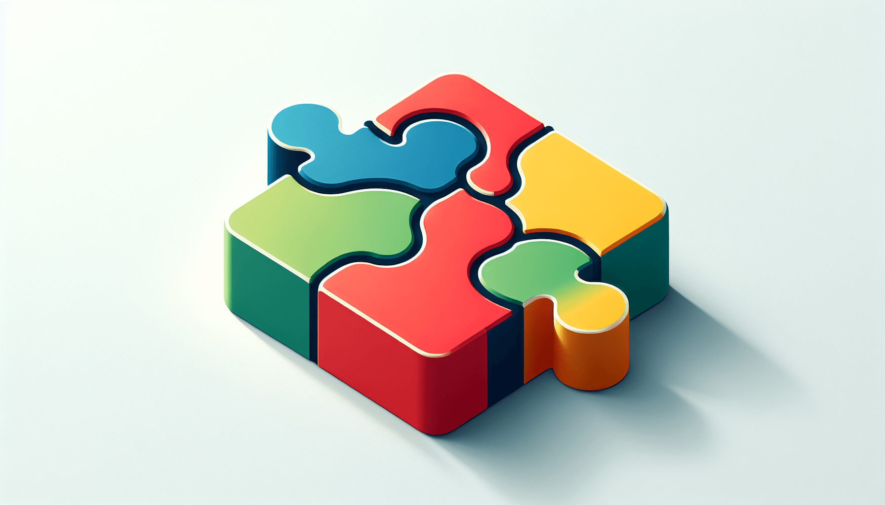 Puzzle piece in flat illustration style and white background, red #f47574, green #88c7a8, yellow #fcc44b, and blue #645bc8 colors.
