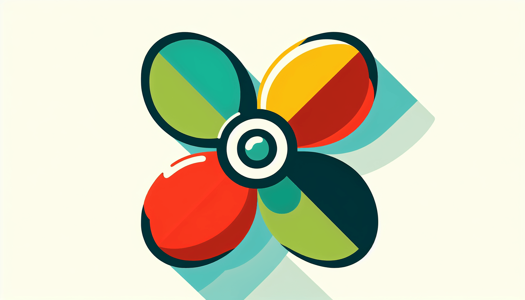 Propeller in flat illustration style and white background, red #f47574, green #88c7a8, yellow #fcc44b, and blue #645bc8 colors.