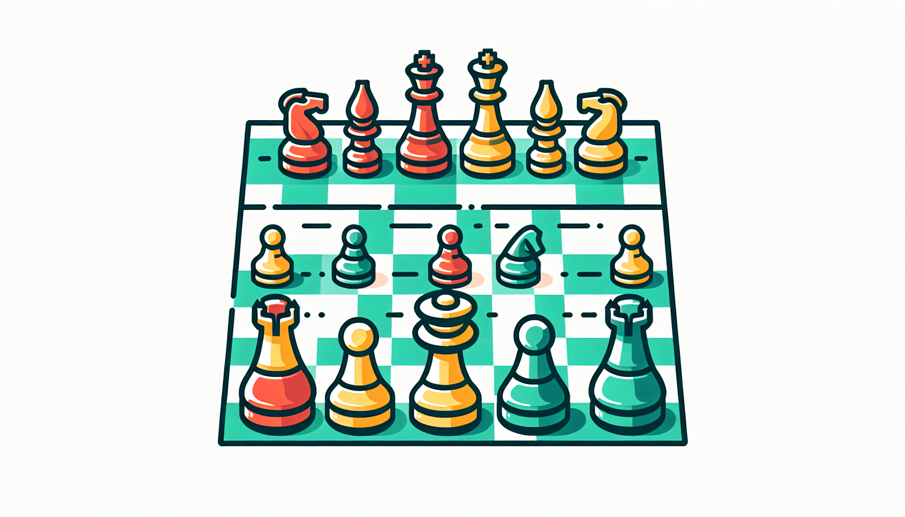 Chessboard in flat illustration style and white background, red #f47574, green #88c7a8, yellow #fcc44b, and blue #645bc8 colors.