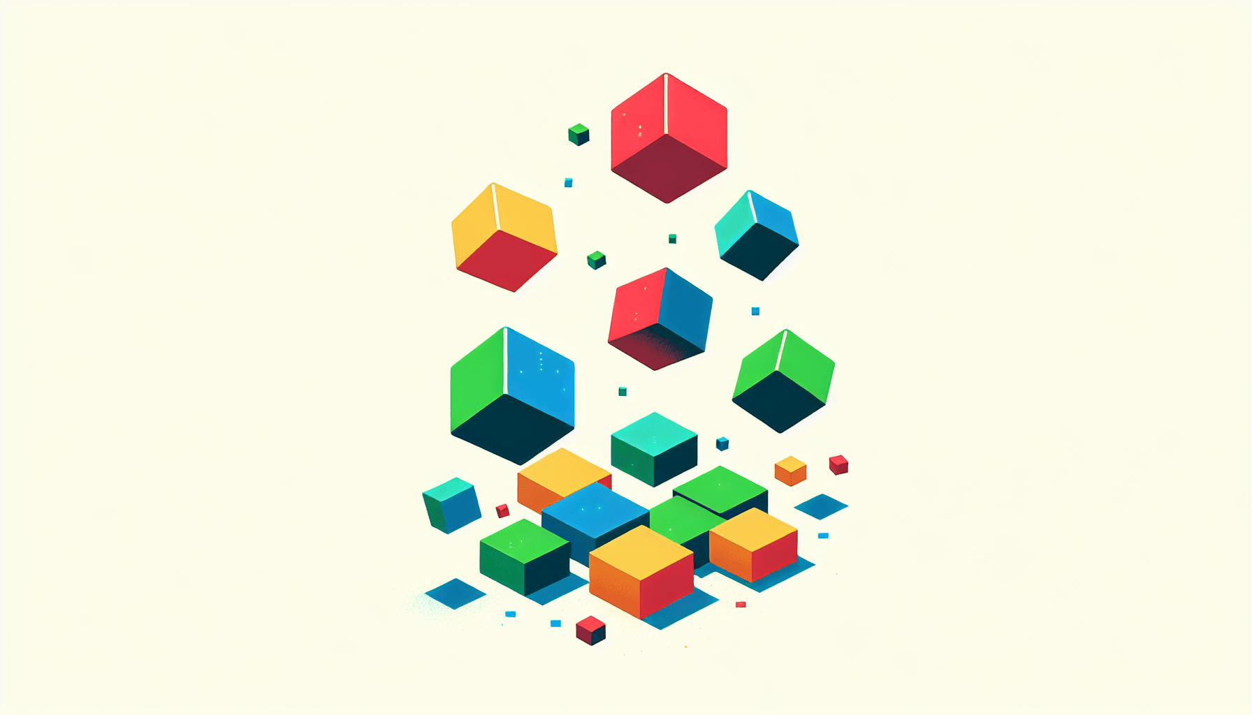 Falling blocks in flat illustration style and white background, red #f47574, green #88c7a8, yellow #fcc44b, and blue #645bc8 colors.