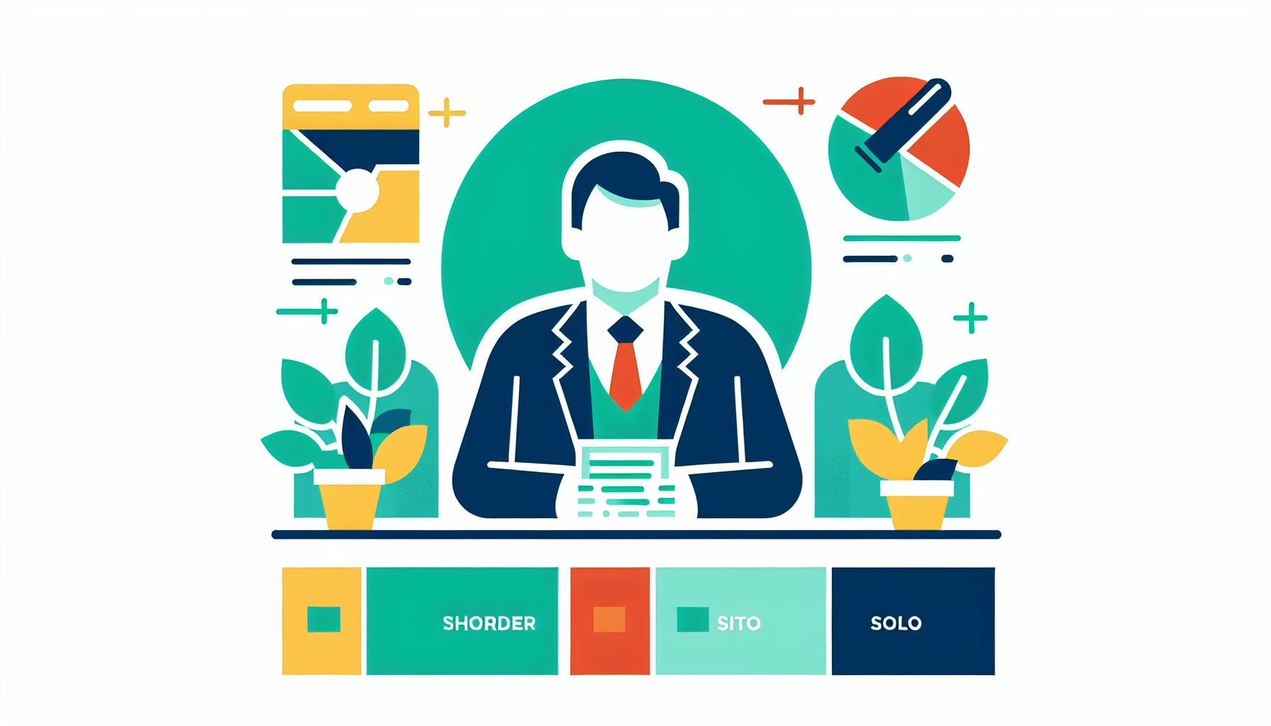 Shareholder in flat illustration style and white background, red #f47574, green #88c7a8, yellow #fcc44b, and blue #645bc8 colors.
