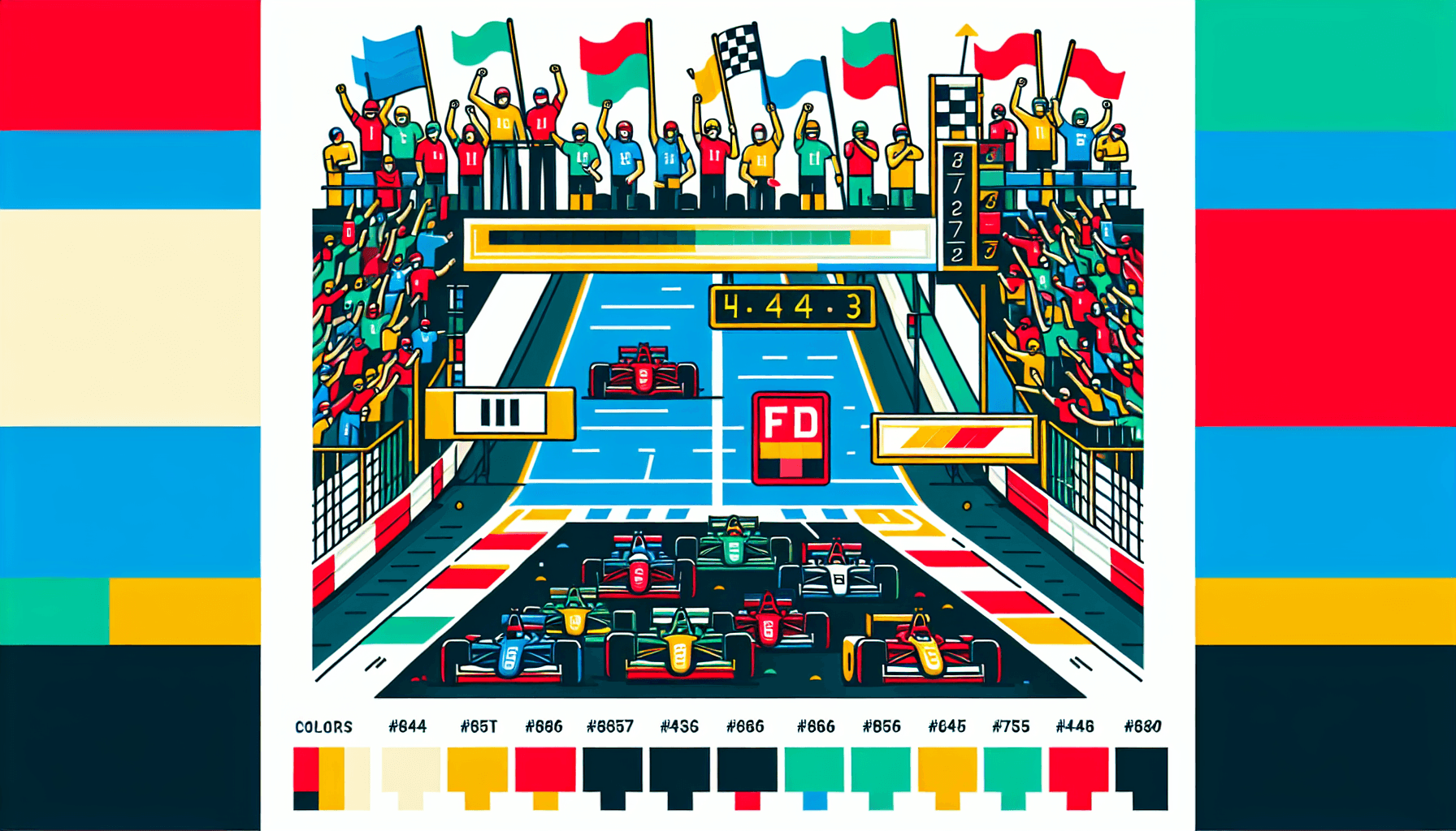 Race track in flat illustration style and white background, red #f47574, green #88c7a8, yellow #fcc44b, and blue #645bc8 colors.