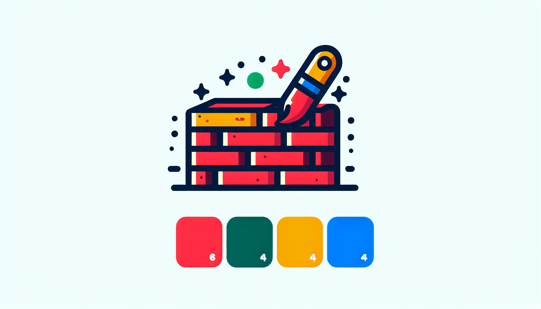 Brick in flat illustration style and white background, red #f47574, green #88c7a8, yellow #fcc44b, and blue #645bc8 colors.