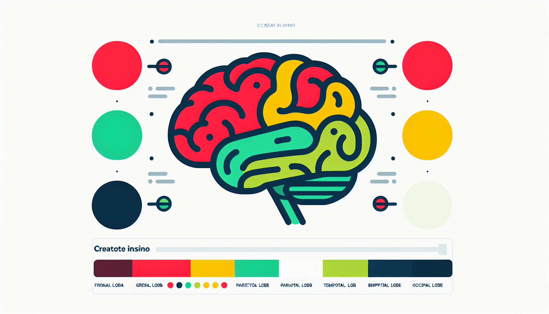 Brain in flat illustration style and white background, red #f47574, green #88c7a8, yellow #fcc44b, and blue #645bc8 colors.