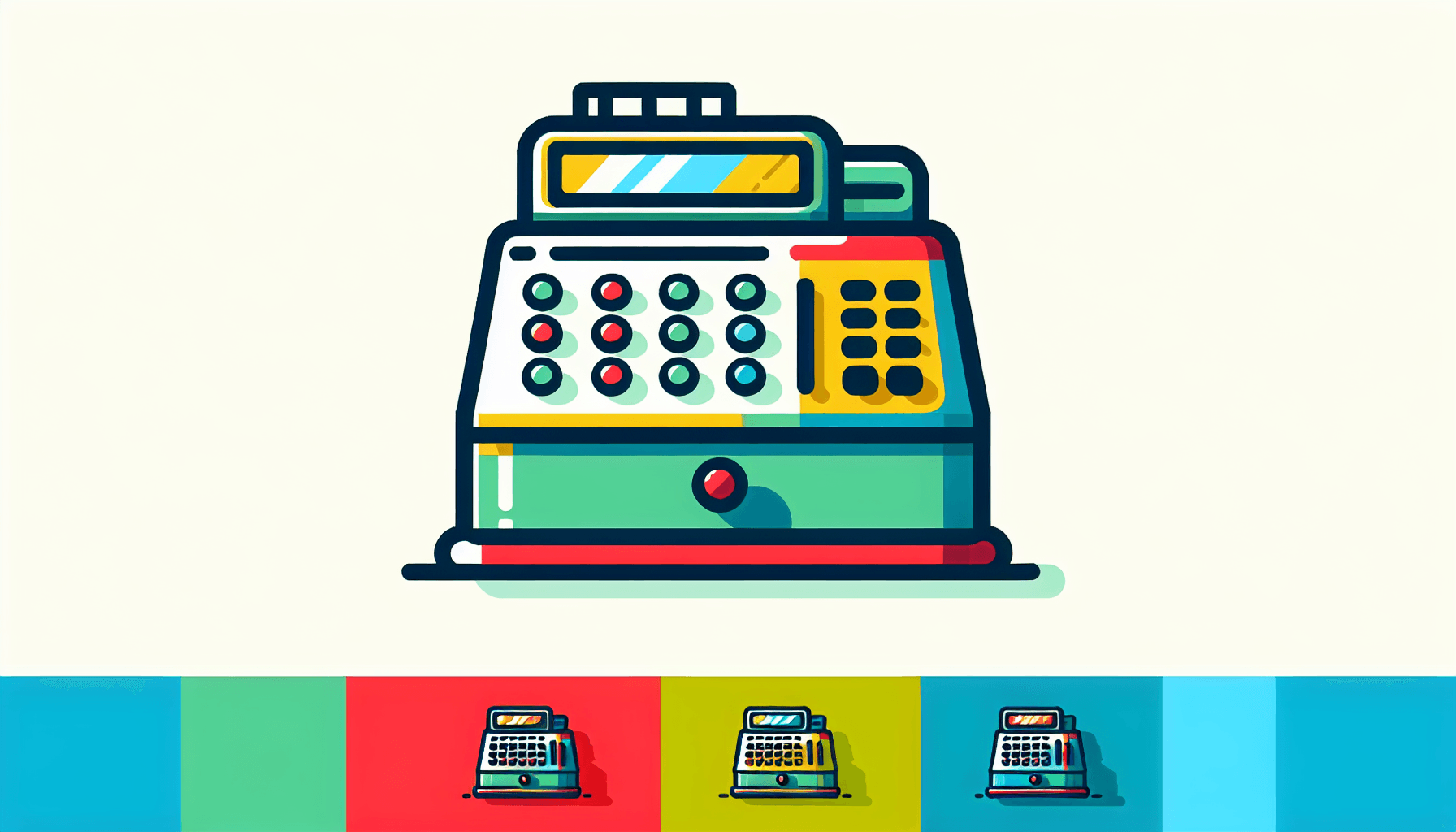 Cash register in flat illustration style and white background, red #f47574, green #88c7a8, yellow #fcc44b, and blue #645bc8 colors.
