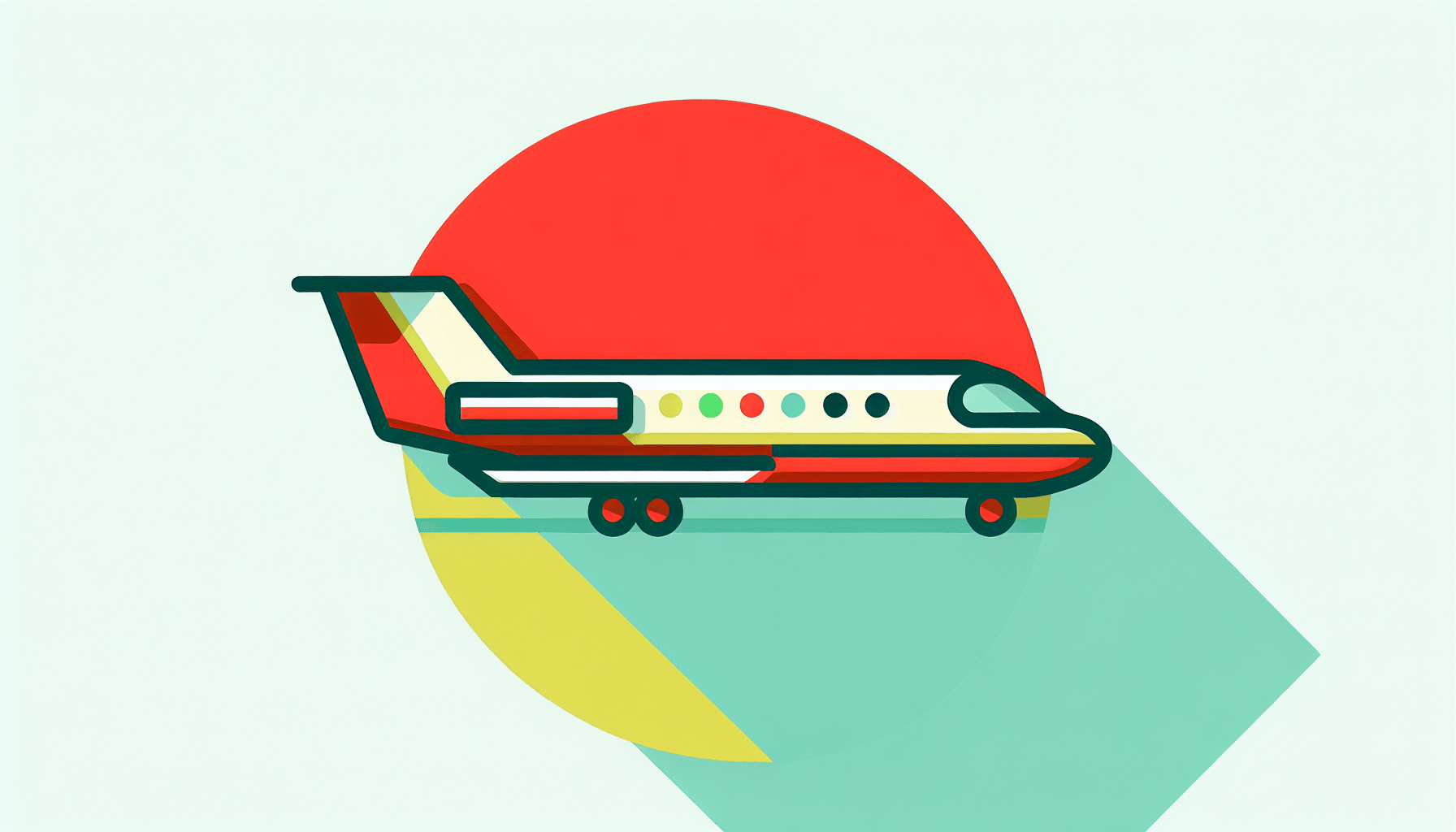 Private jet in flat illustration style and white background, red #f47574, green #88c7a8, yellow #fcc44b, and blue #645bc8 colors.