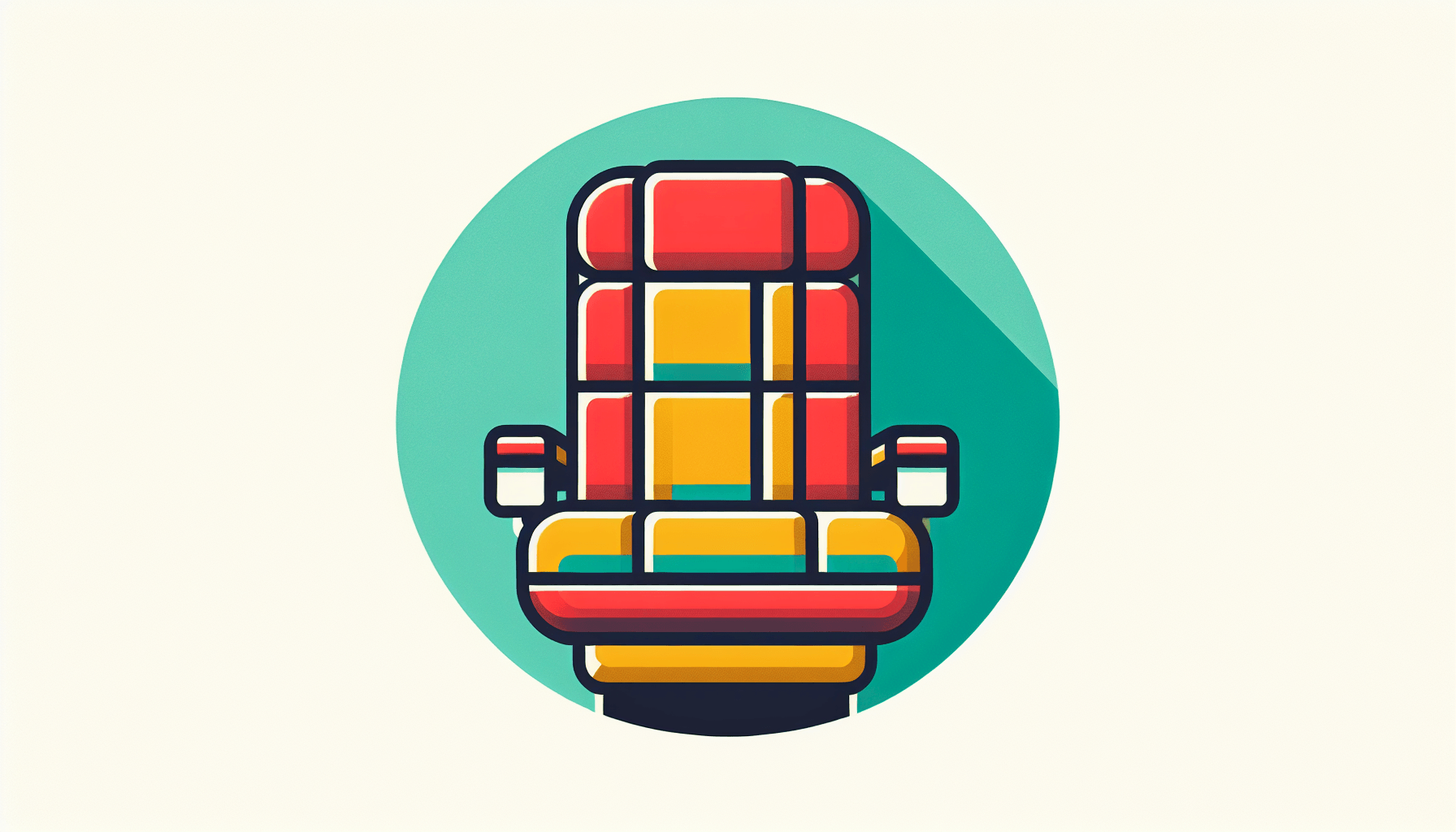 Airplane seat in flat illustration style and white background, red #f47574, green #88c7a8, yellow #fcc44b, and blue #645bc8 colors.
