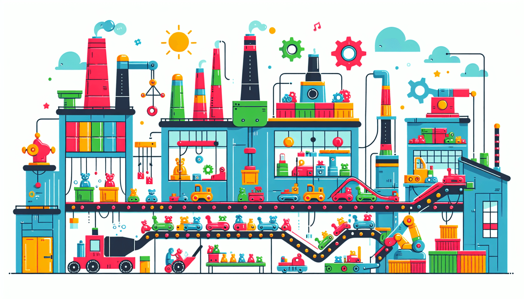 Toy factory in flat illustration style and white background, red #f47574, green #88c7a8, yellow #fcc44b, and blue #645bc8 colors.