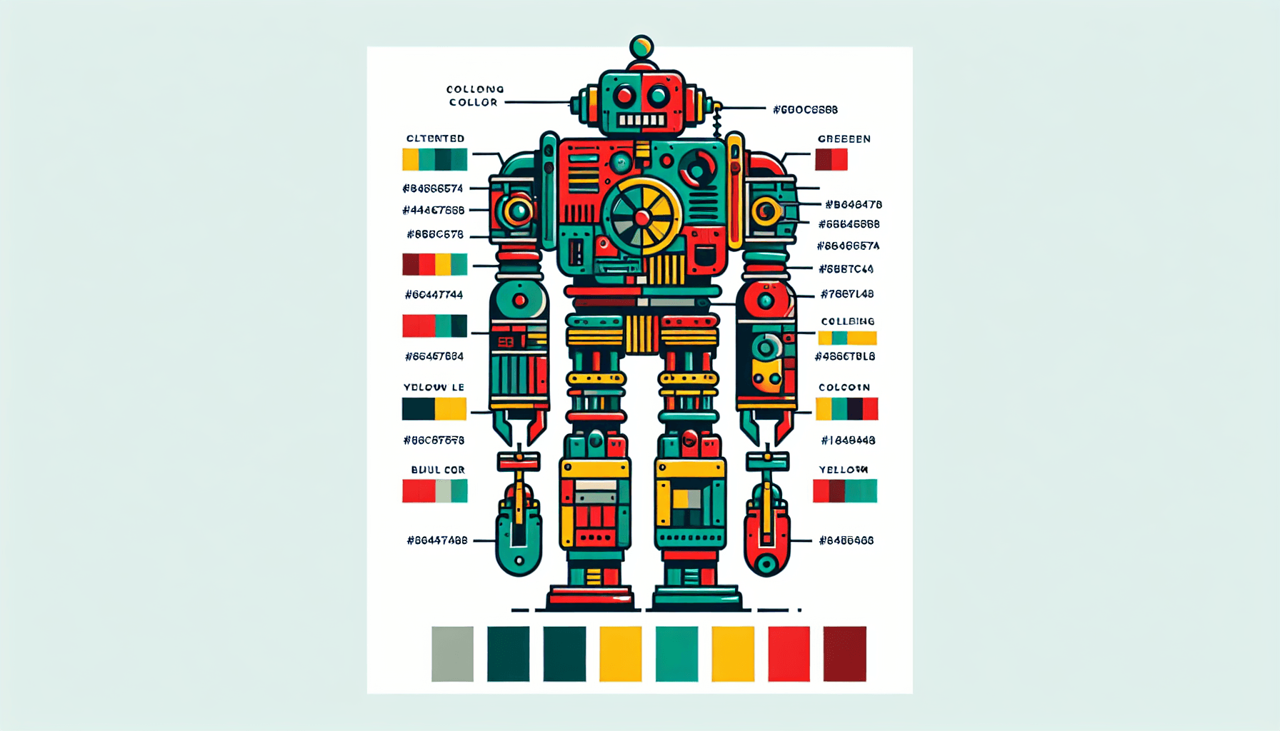 Robot in flat illustration style and white background, red #f47574, green #88c7a8, yellow #fcc44b, and blue #645bc8 colors.