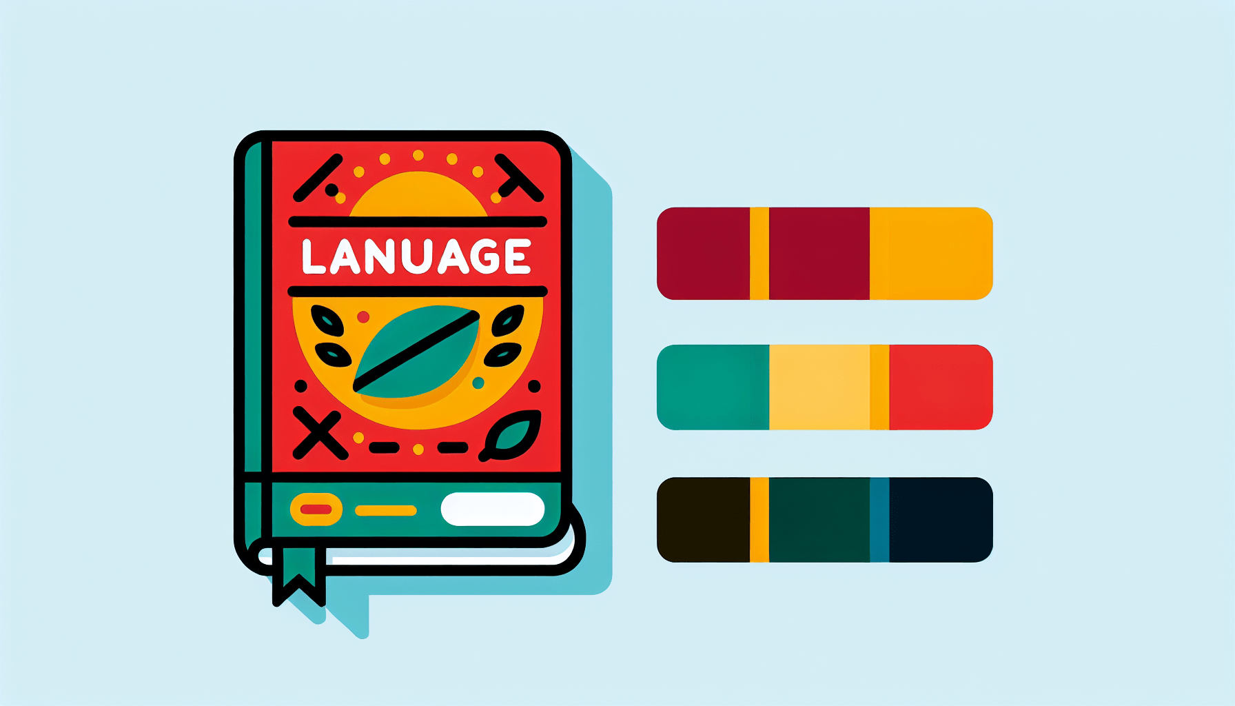 Language textbook in flat illustration style and white background, red #f47574, green #88c7a8, yellow #fcc44b, and blue #645bc8 colors.