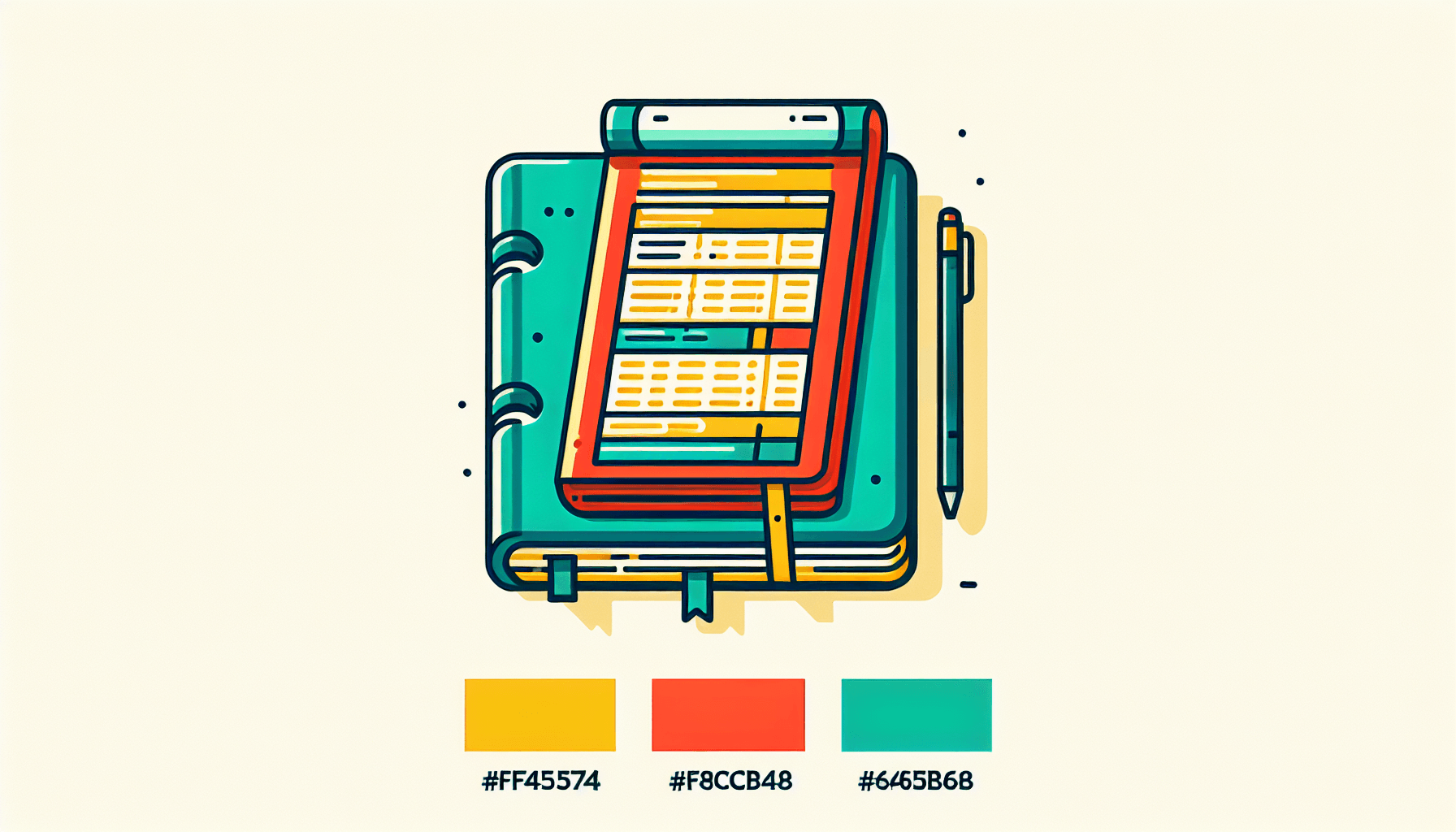 Ledger in flat illustration style and white background, red #f47574, green #88c7a8, yellow #fcc44b, and blue #645bc8 colors.