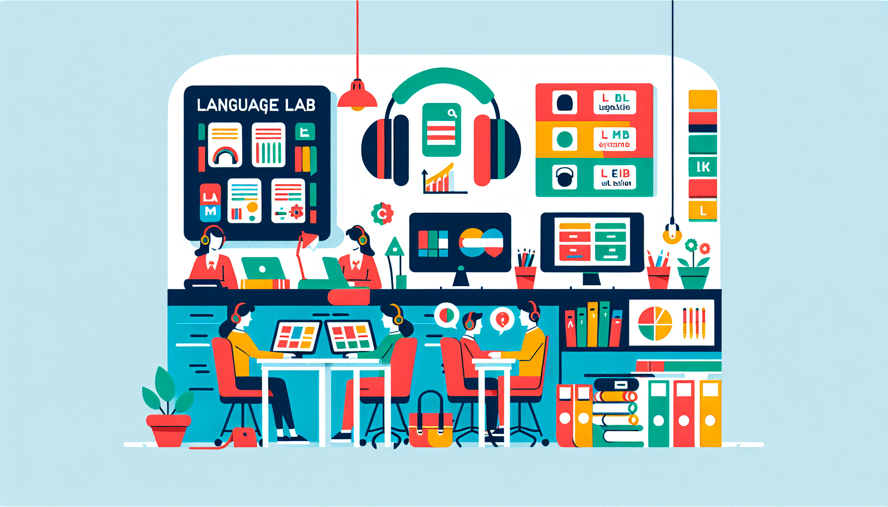 Language lab in flat illustration style and white background, red #f47574, green #88c7a8, yellow #fcc44b, and blue #645bc8 colors.