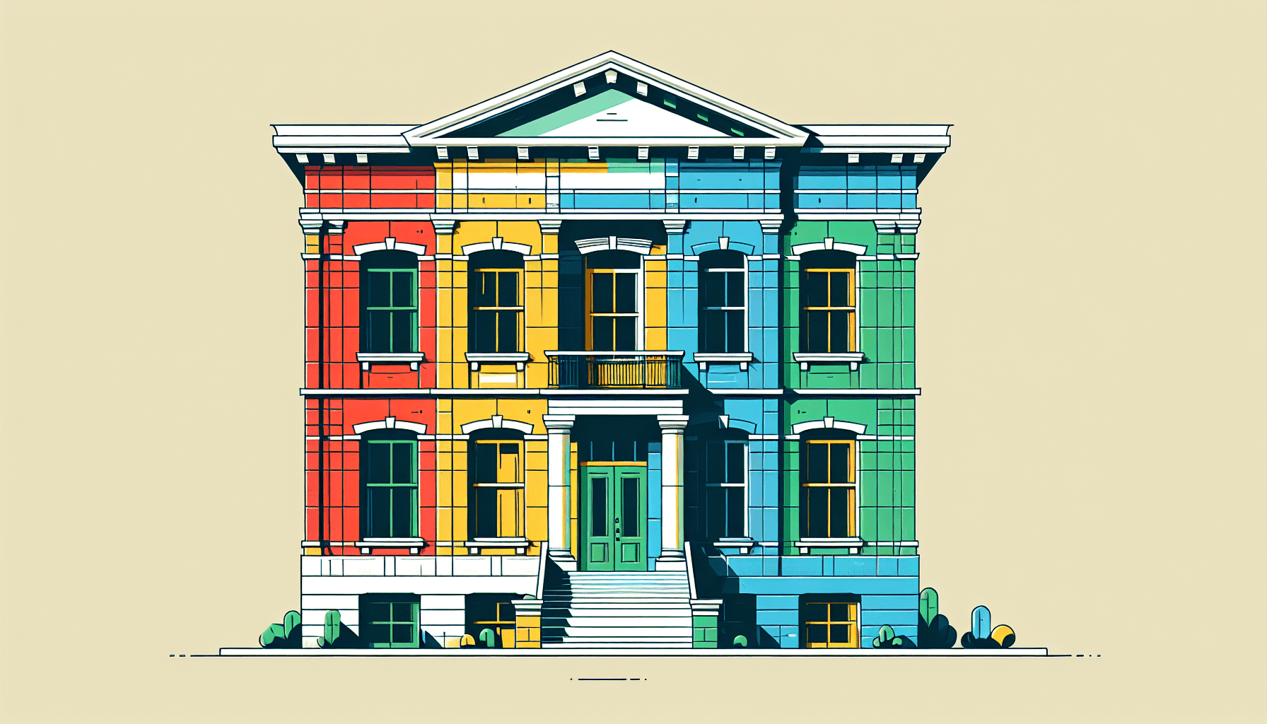 Building set in flat illustration style and white background, red #f47574, green #88c7a8, yellow #fcc44b, and blue #645bc8 colors.
