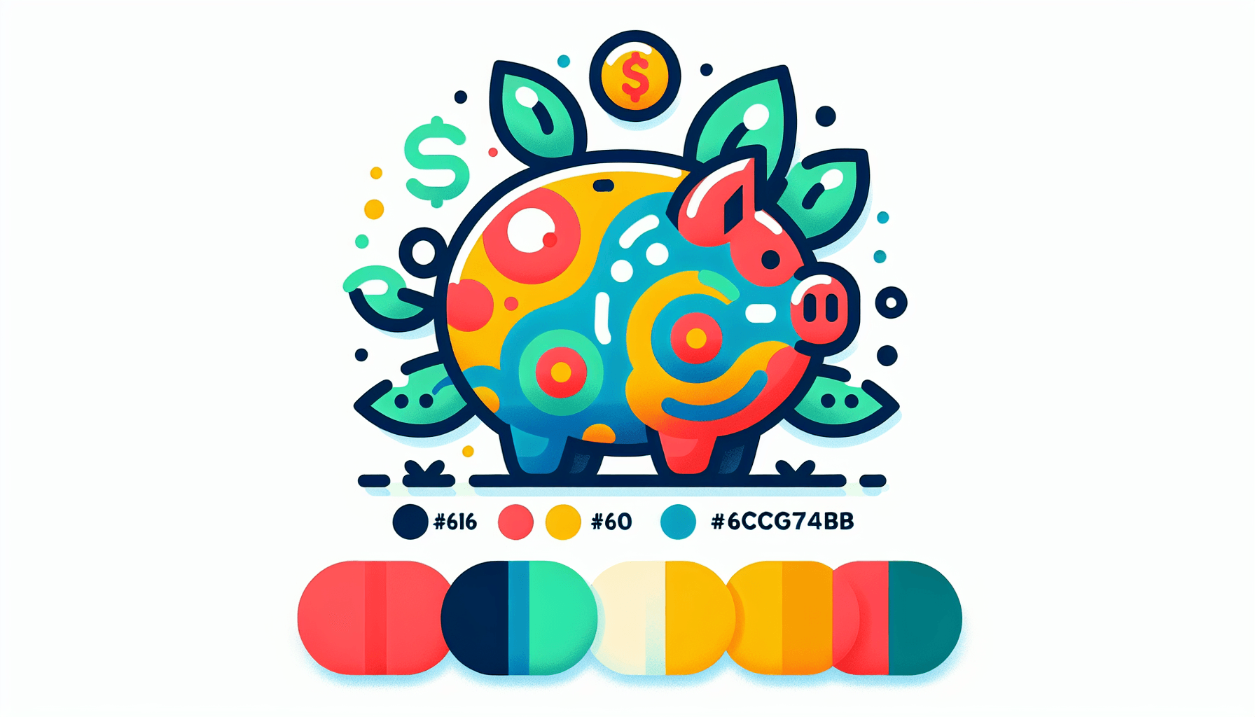 Piggy bank in flat illustration style and white background, red #f47574, green #88c7a8, yellow #fcc44b, and blue #645bc8 colors.