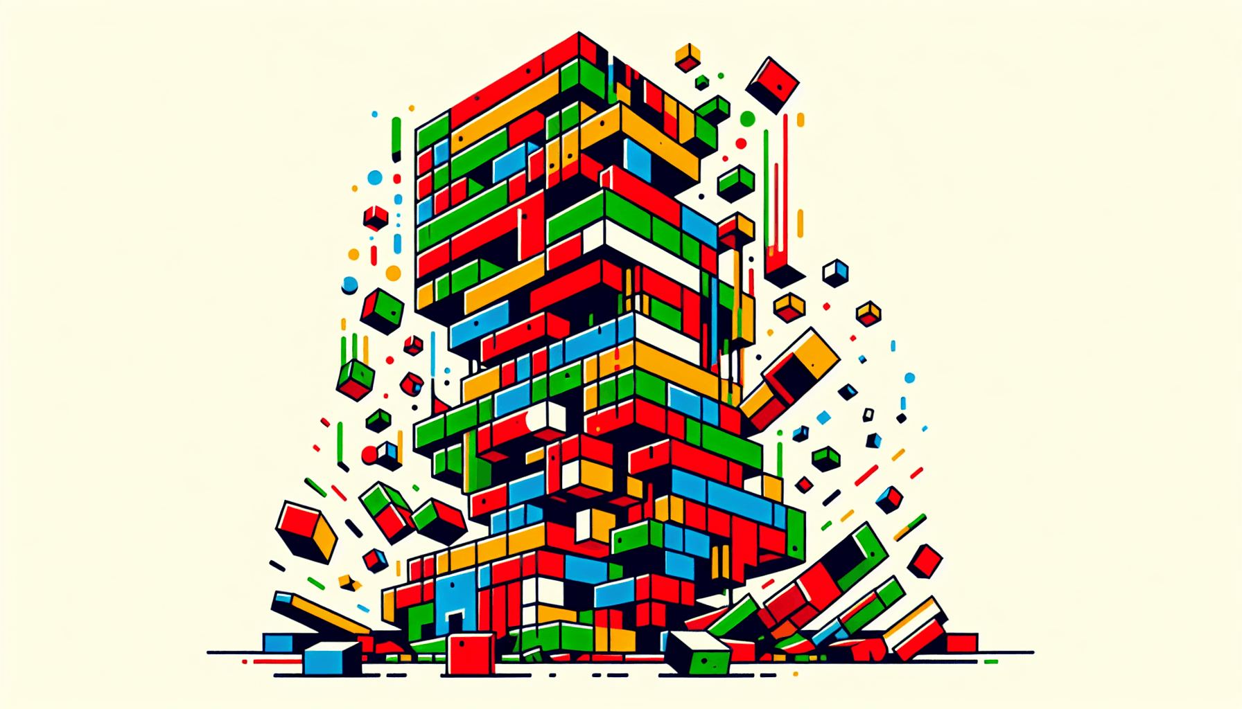 Toppling tower in flat illustration style and white background, red #f47574, green #88c7a8, yellow #fcc44b, and blue #645bc8 colors.