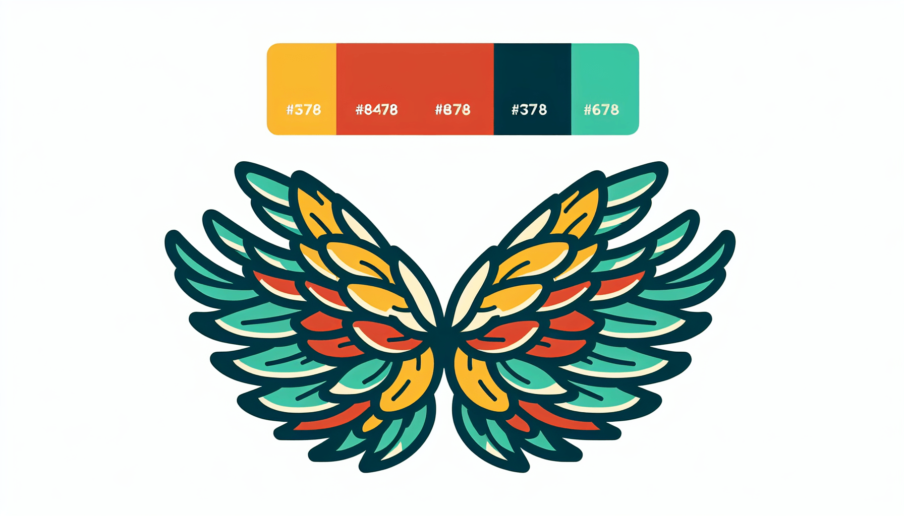 Wing in flat illustration style and white background, red #f47574, green #88c7a8, yellow #fcc44b, and blue #645bc8 colors.