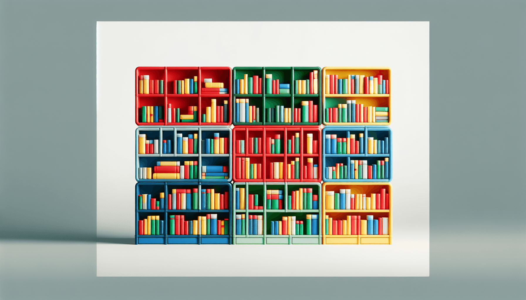 Library Shelving in flat illustration style and white background, red #f47574, green #88c7a8, yellow #fcc44b, and blue #645bc8 colors.