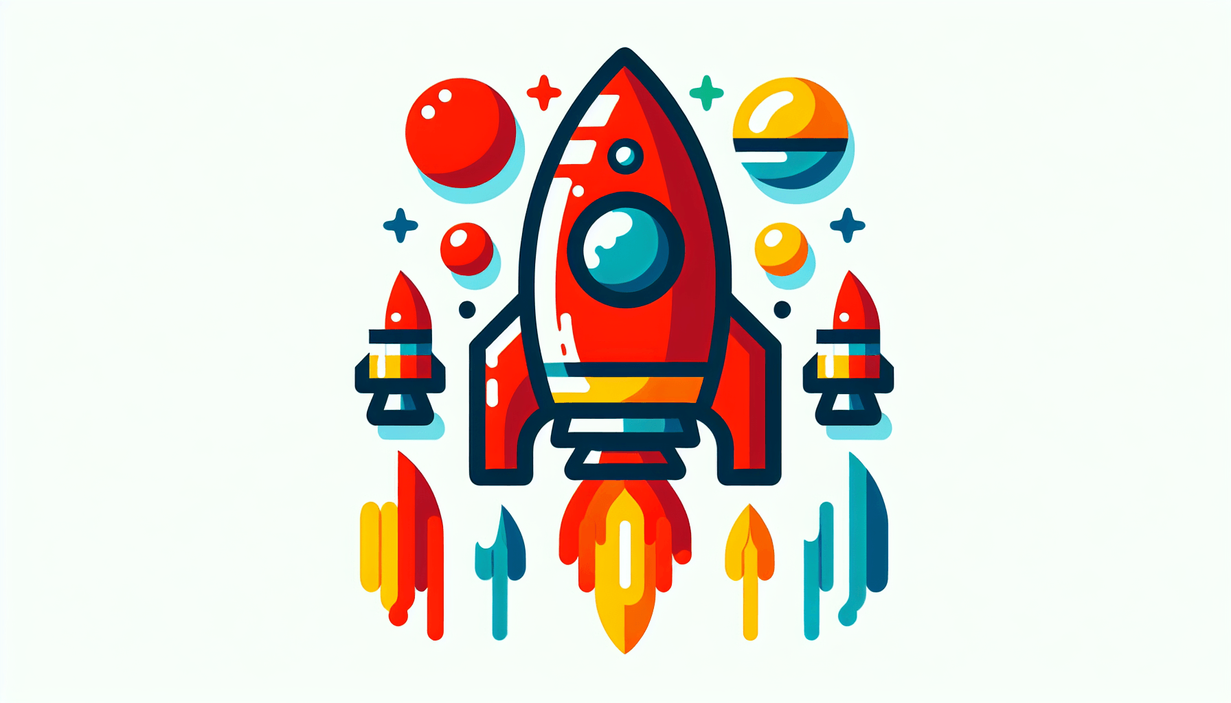 Rocket in flat illustration style and white background, red #f47574, green #88c7a8, yellow #fcc44b, and blue #645bc8 colors.