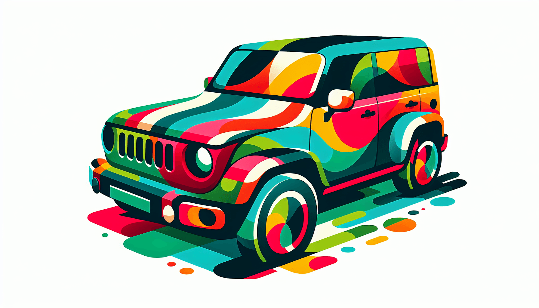 Automobile in flat illustration style and white background, red #f47574, green #88c7a8, yellow #fcc44b, and blue #645bc8 colors.