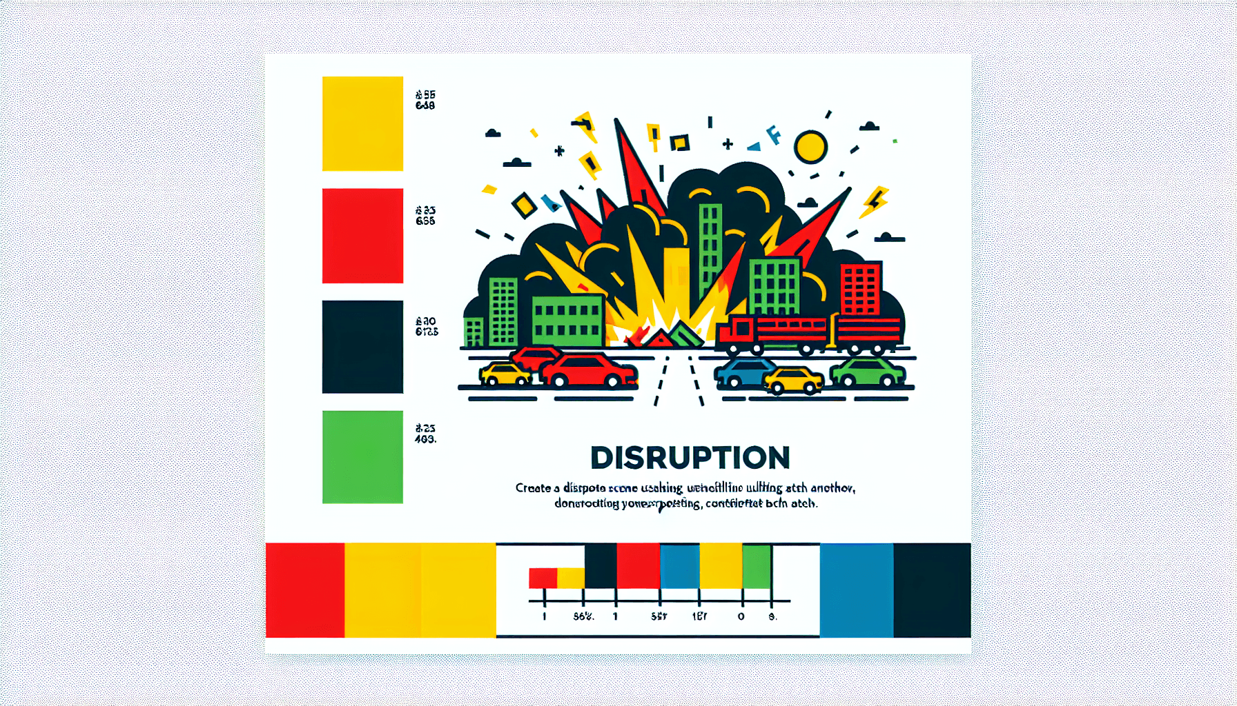 Disruption in flat illustration style and white background, red #f47574, green #88c7a8, yellow #fcc44b, and blue #645bc8 colors.