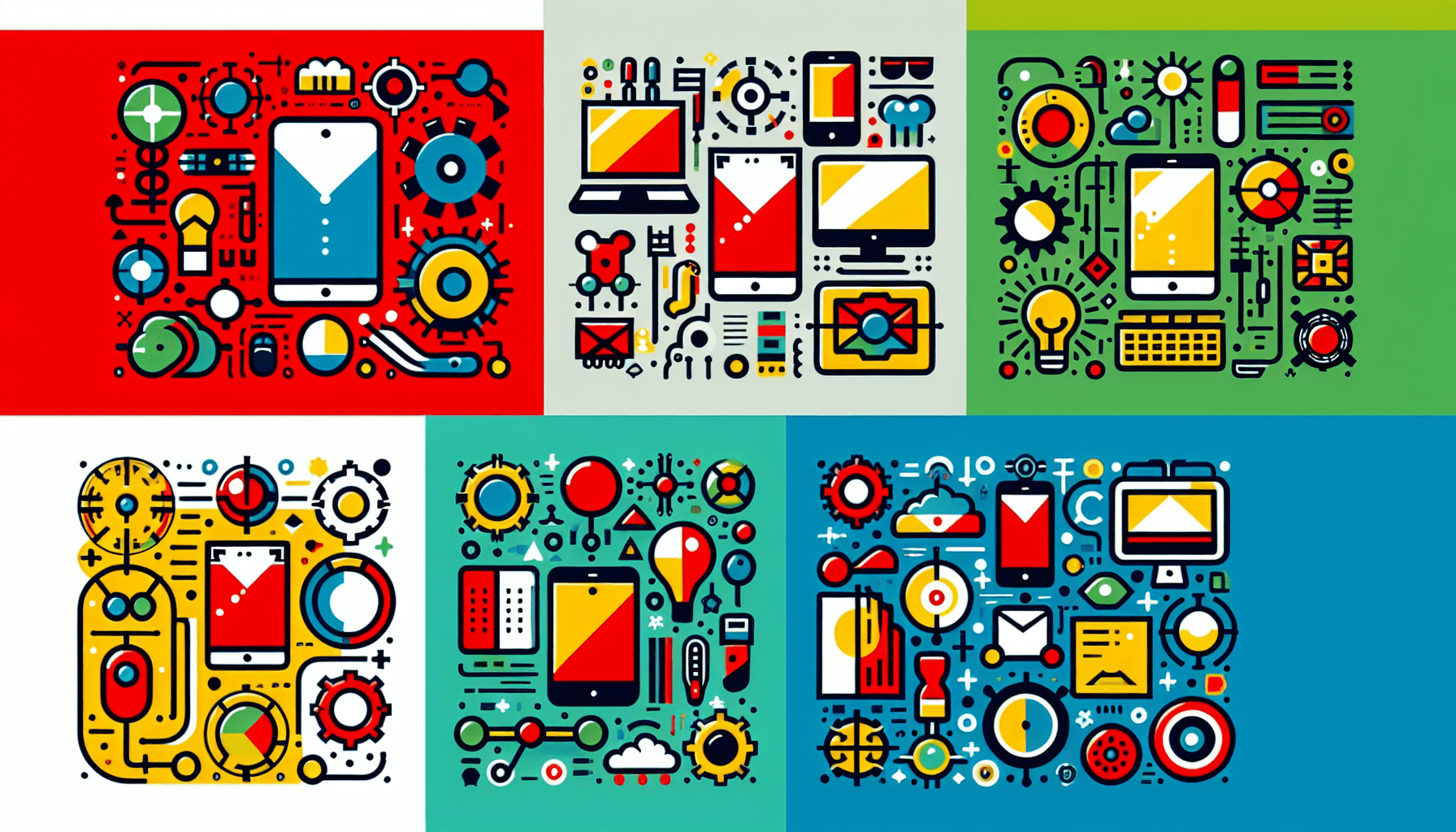 Technology in flat illustration style and white background, red #f47574, green #88c7a8, yellow #fcc44b, and blue #645bc8 colors.