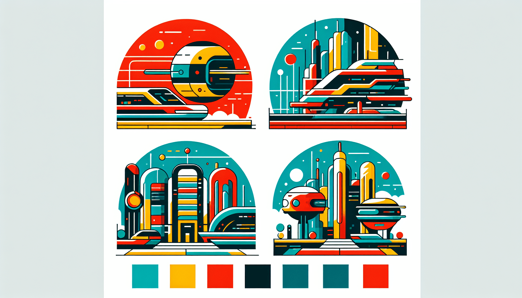 Futuristic in flat illustration style and white background, red #f47574, green #88c7a8, yellow #fcc44b, and blue #645bc8 colors.