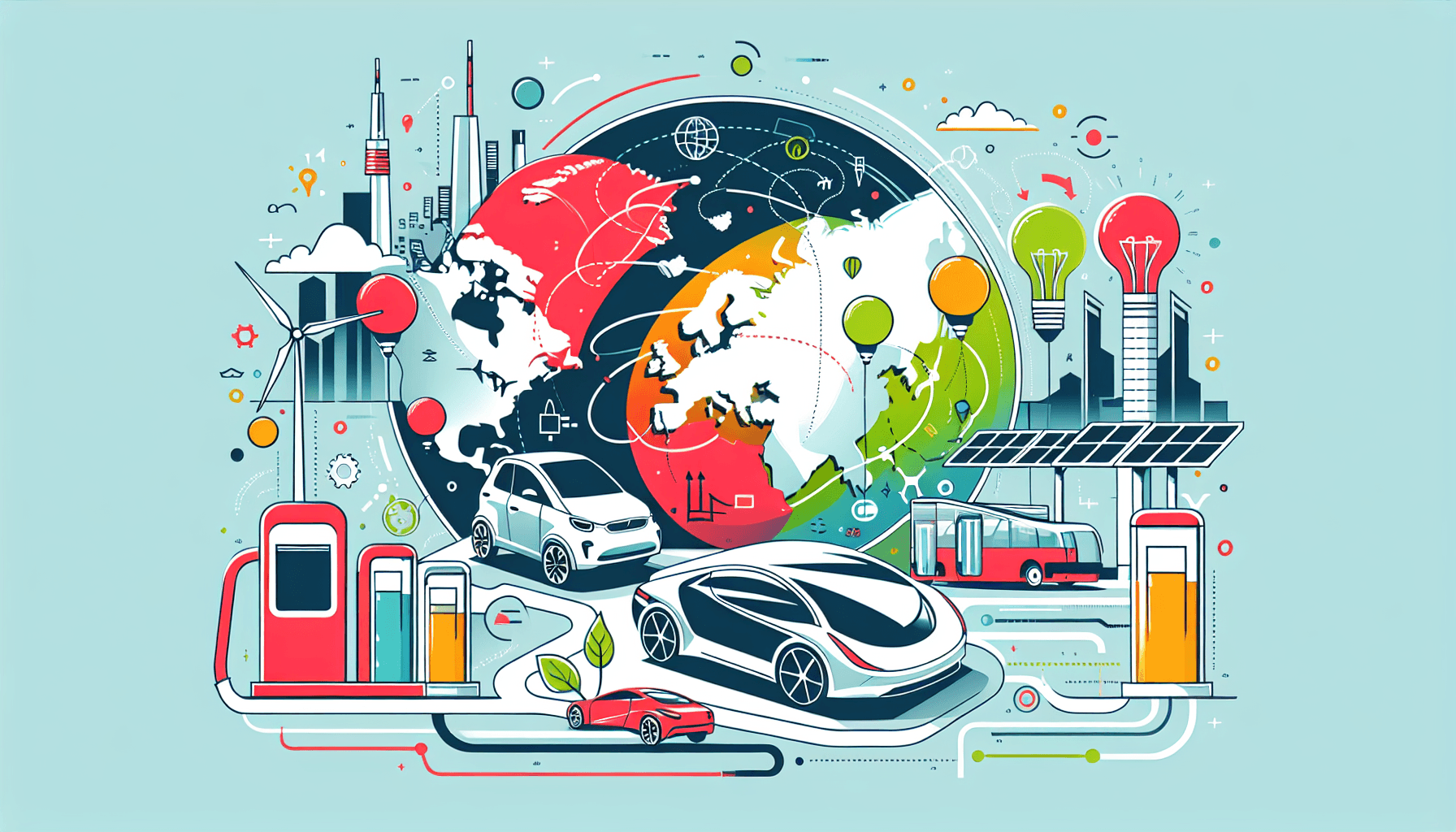 Tesla's strategy successful in flat illustration style and white background, red #f47574, green #88c7a8, yellow #fcc44b, and blue #645bc8 colors.