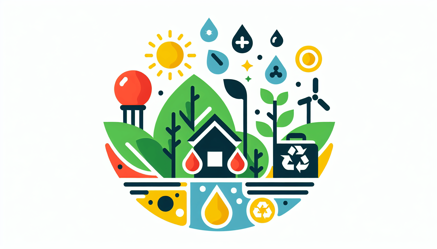 Sustainability in flat illustration style and white background, red #f47574, green #88c7a8, yellow #fcc44b, and blue #645bc8 colors.