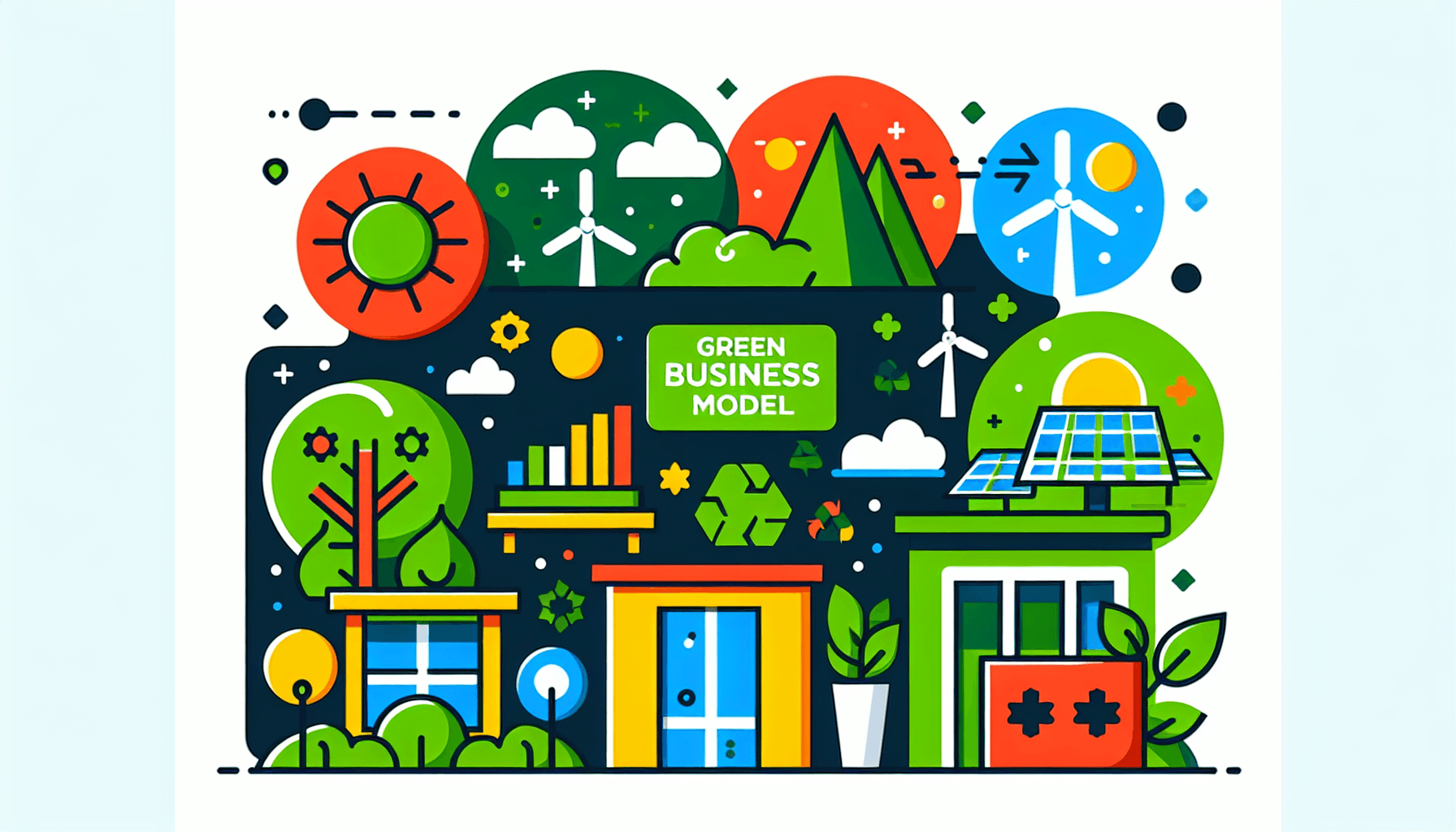 What is green business models? in flat illustration style and white background, red #f47574, green #88c7a8, yellow #fcc44b, and blue #645bc8 colors.