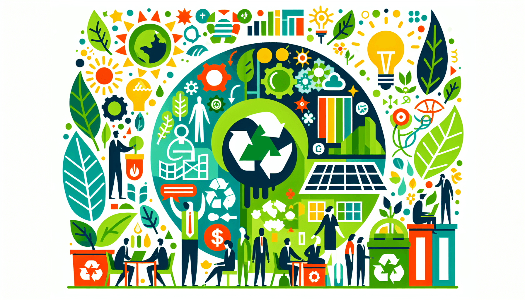 What is considered a green business? in flat illustration style and white background, red #f47574, green #88c7a8, yellow #fcc44b, and blue #645bc8 colors.