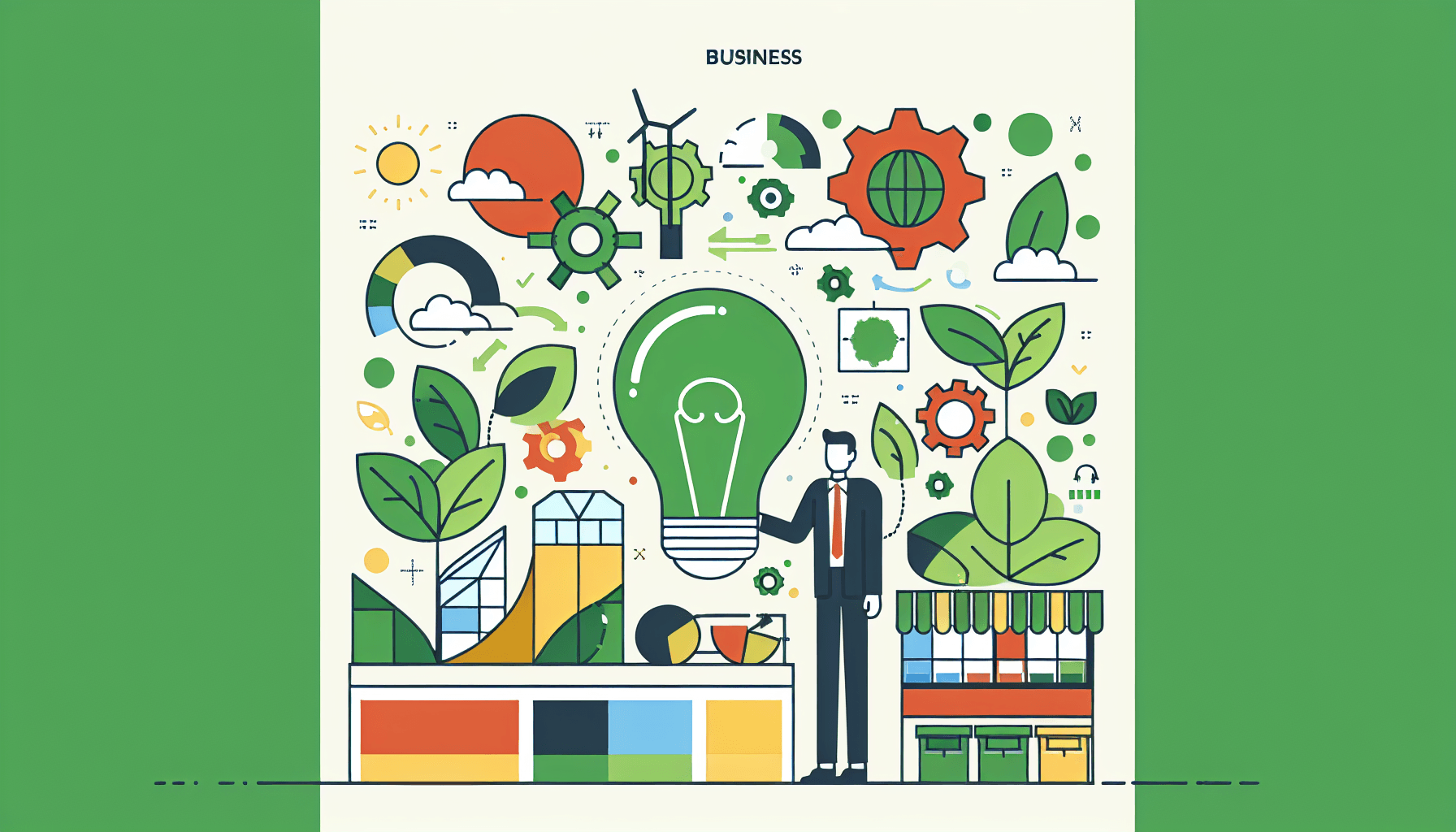 Green Business Model Innovation in flat illustration style and white background, red #f47574, green #88c7a8, yellow #fcc44b, and blue #645bc8 colors.