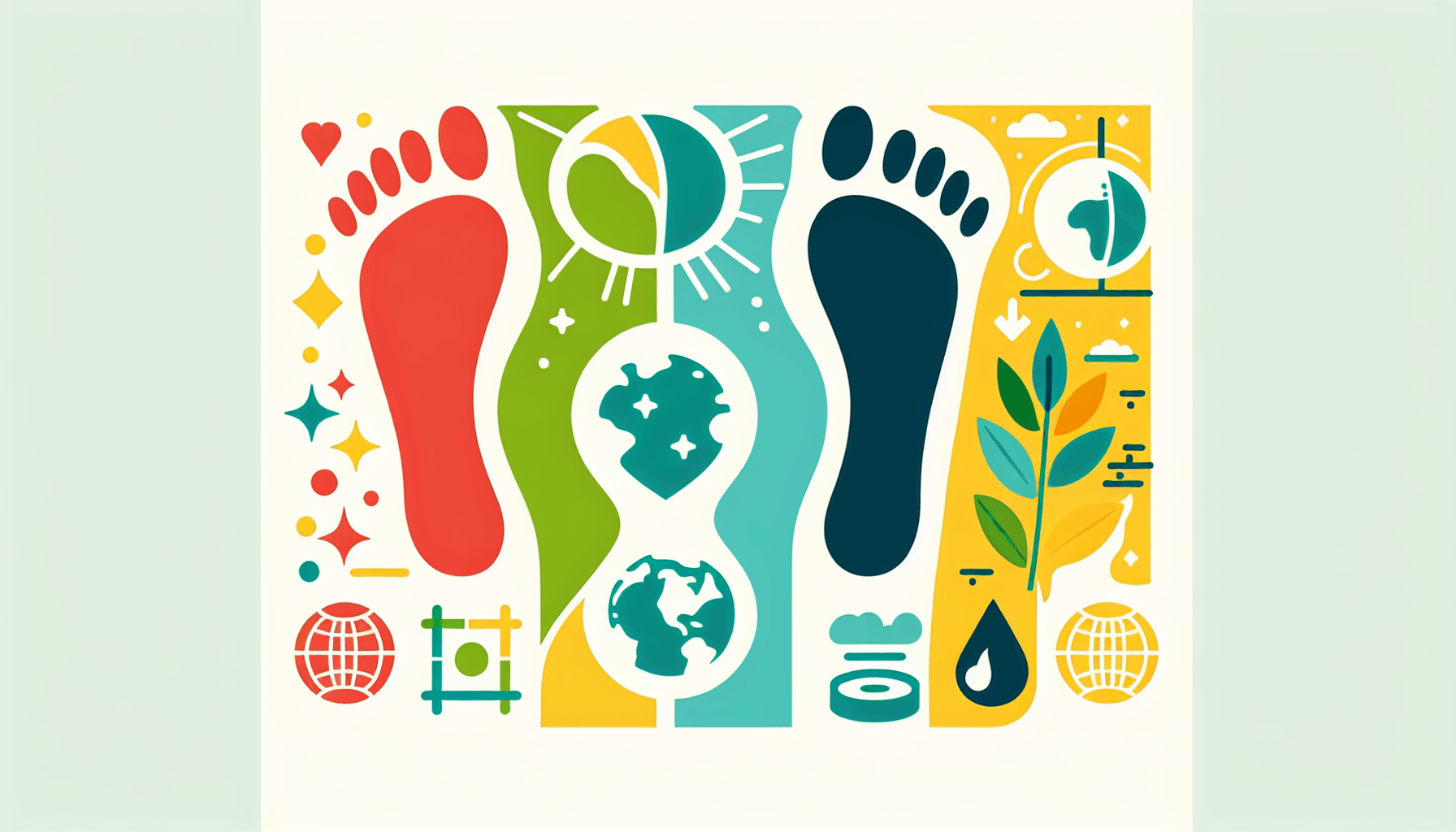 Ecological footprint in flat illustration style and white background, red #f47574, green #88c7a8, yellow #fcc44b, and blue #645bc8 colors.