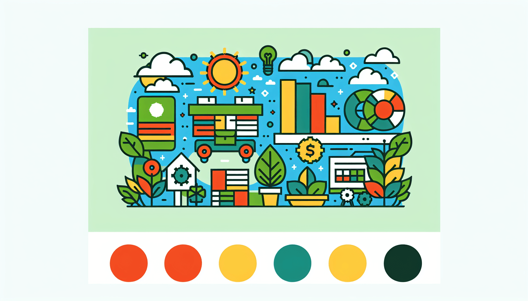 What are the 5 elements of green business model? in flat illustration style and white background, red #f47574, green #88c7a8, yellow #fcc44b, and blue #645bc8 colors.