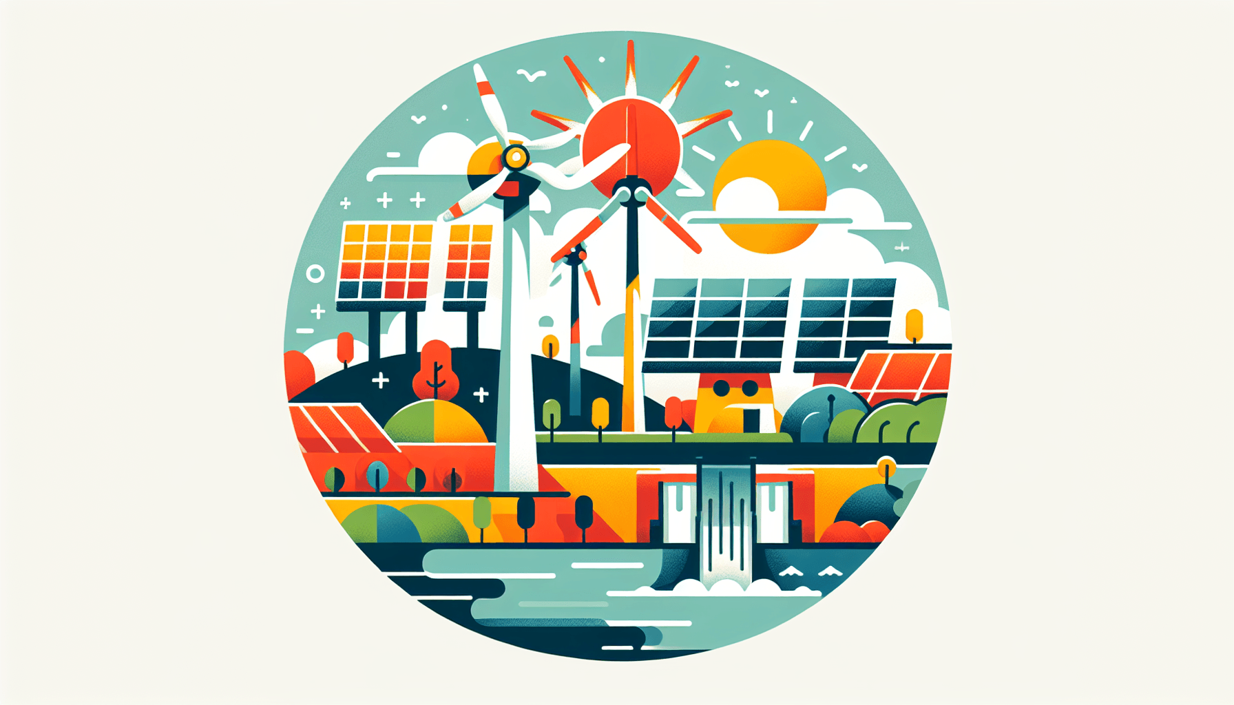 Renewable energy in flat illustration style and white background, red #f47574, green #88c7a8, yellow #fcc44b, and blue #645bc8 colors.