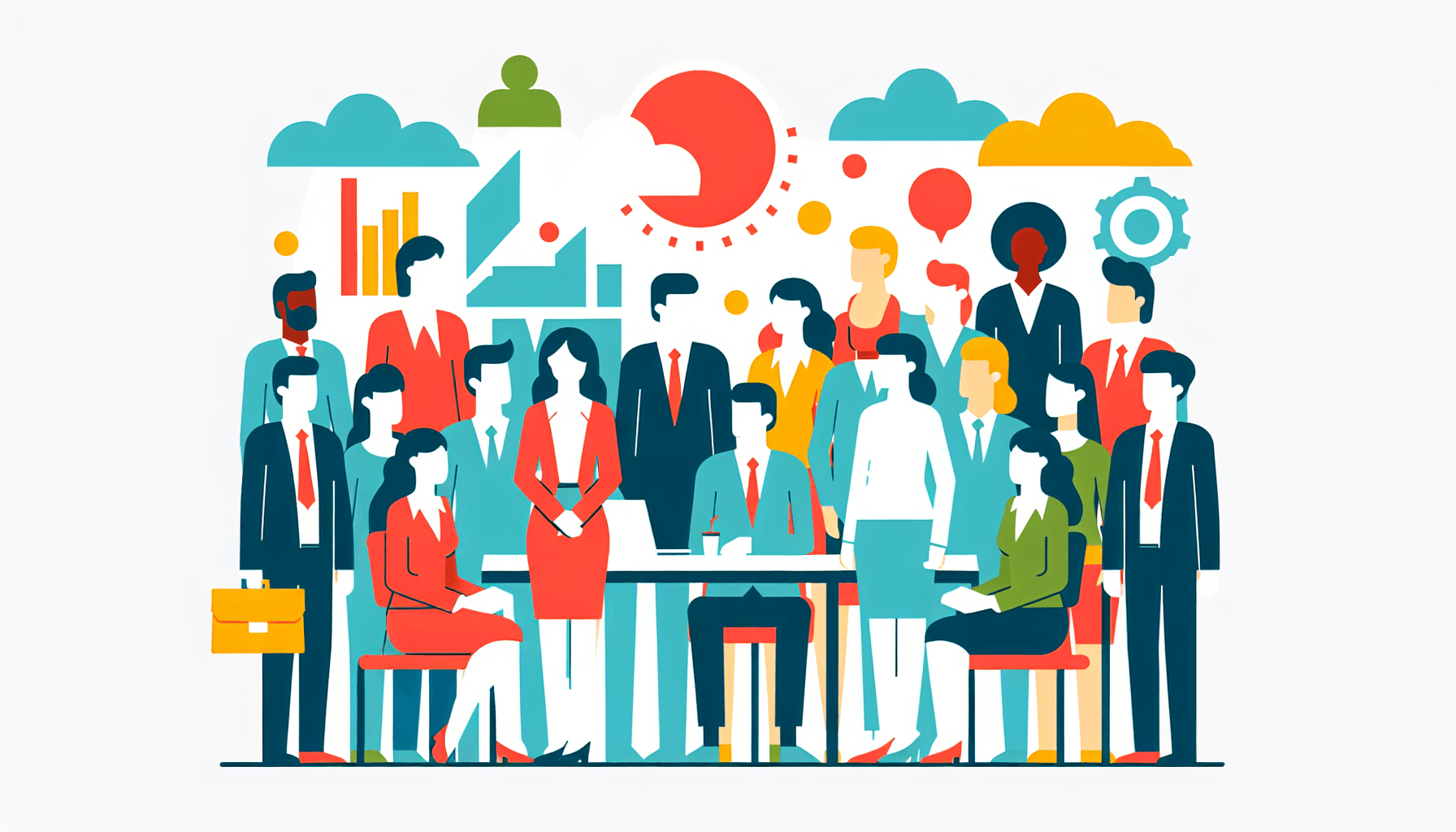 Business in flat illustration style and white background, red #f47574, green #88c7a8, yellow #fcc44b, and blue #645bc8 colors.