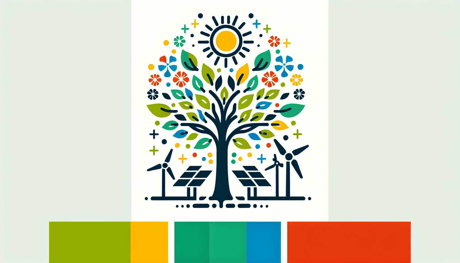 Sustainability in flat illustration style and white background, red #f47574, green #88c7a8, yellow #fcc44b, and blue #645bc8 colors.