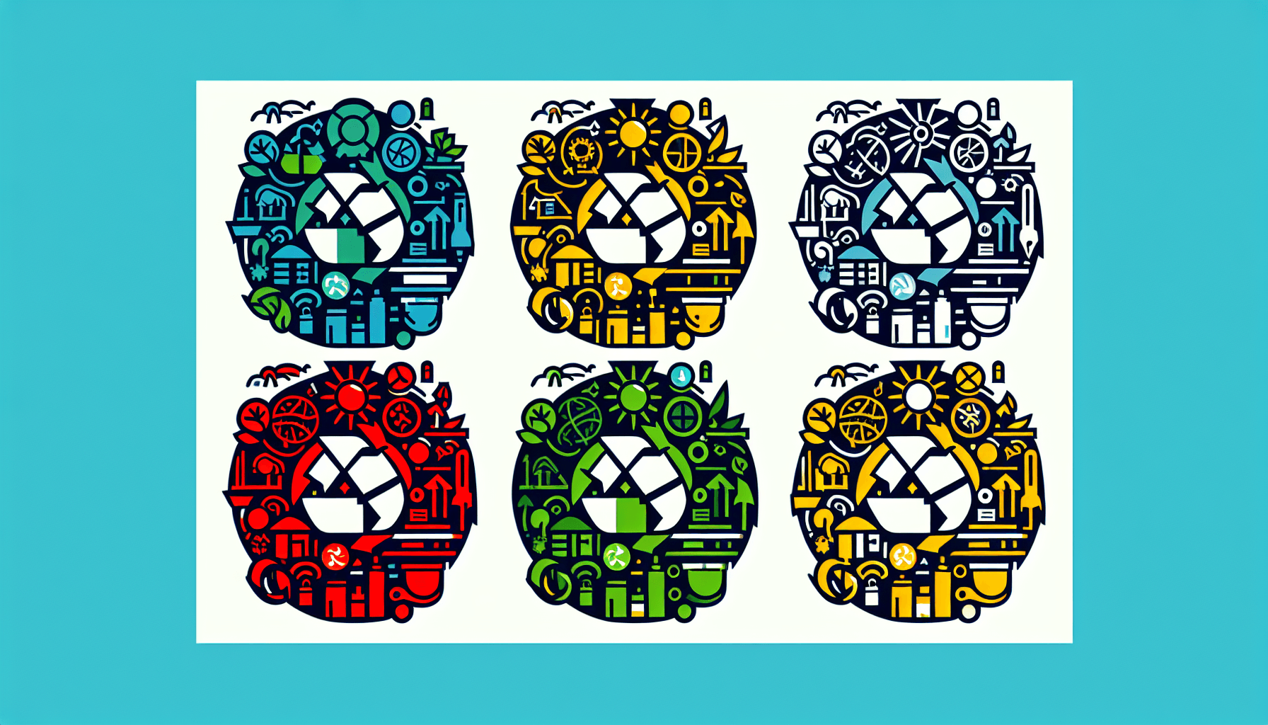 Circular economy in flat illustration style and white background, red #f47574, green #88c7a8, yellow #fcc44b, and blue #645bc8 colors.