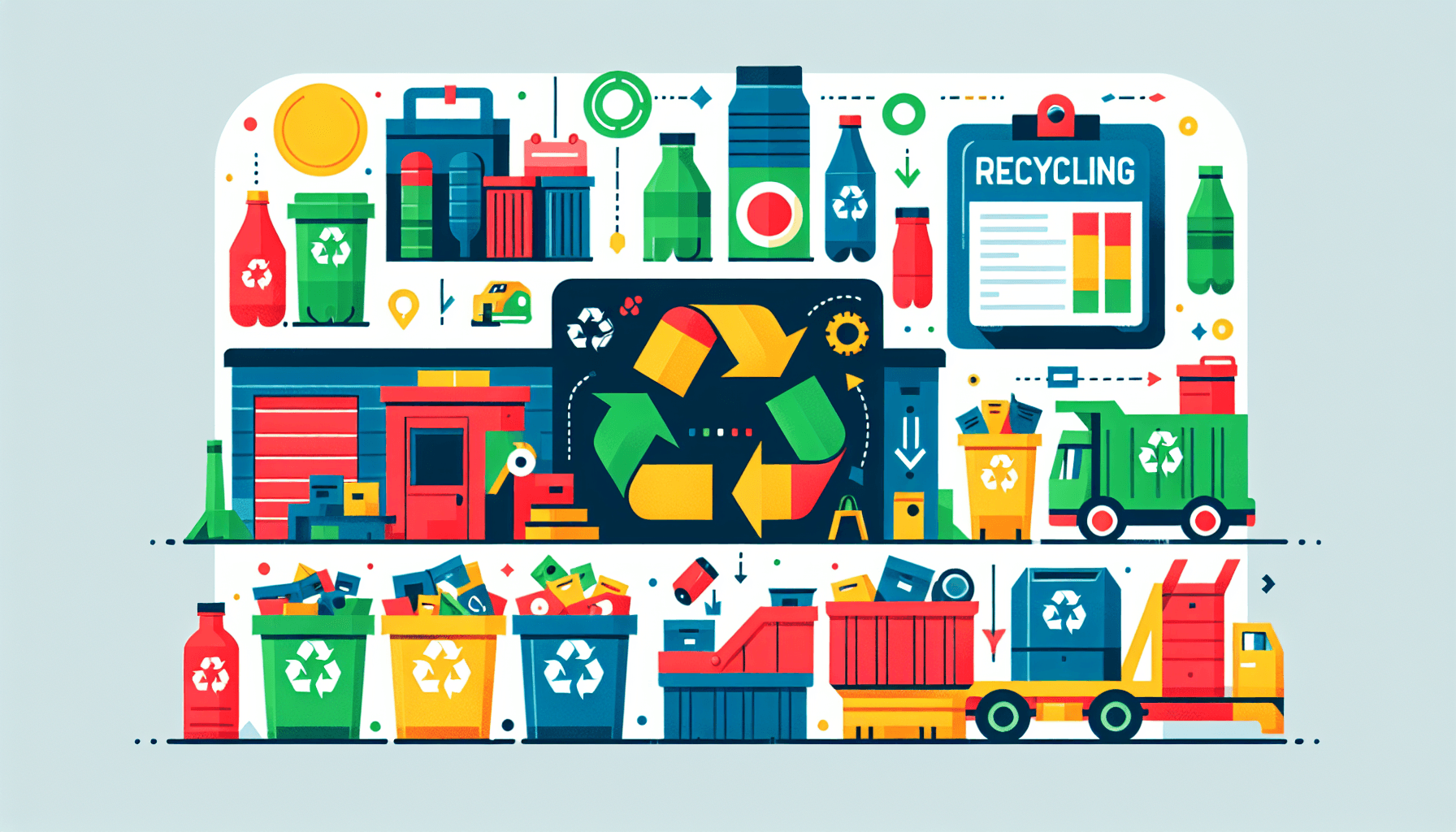 Recycling in flat illustration style and white background, red #f47574, green #88c7a8, yellow #fcc44b, and blue #645bc8 colors.