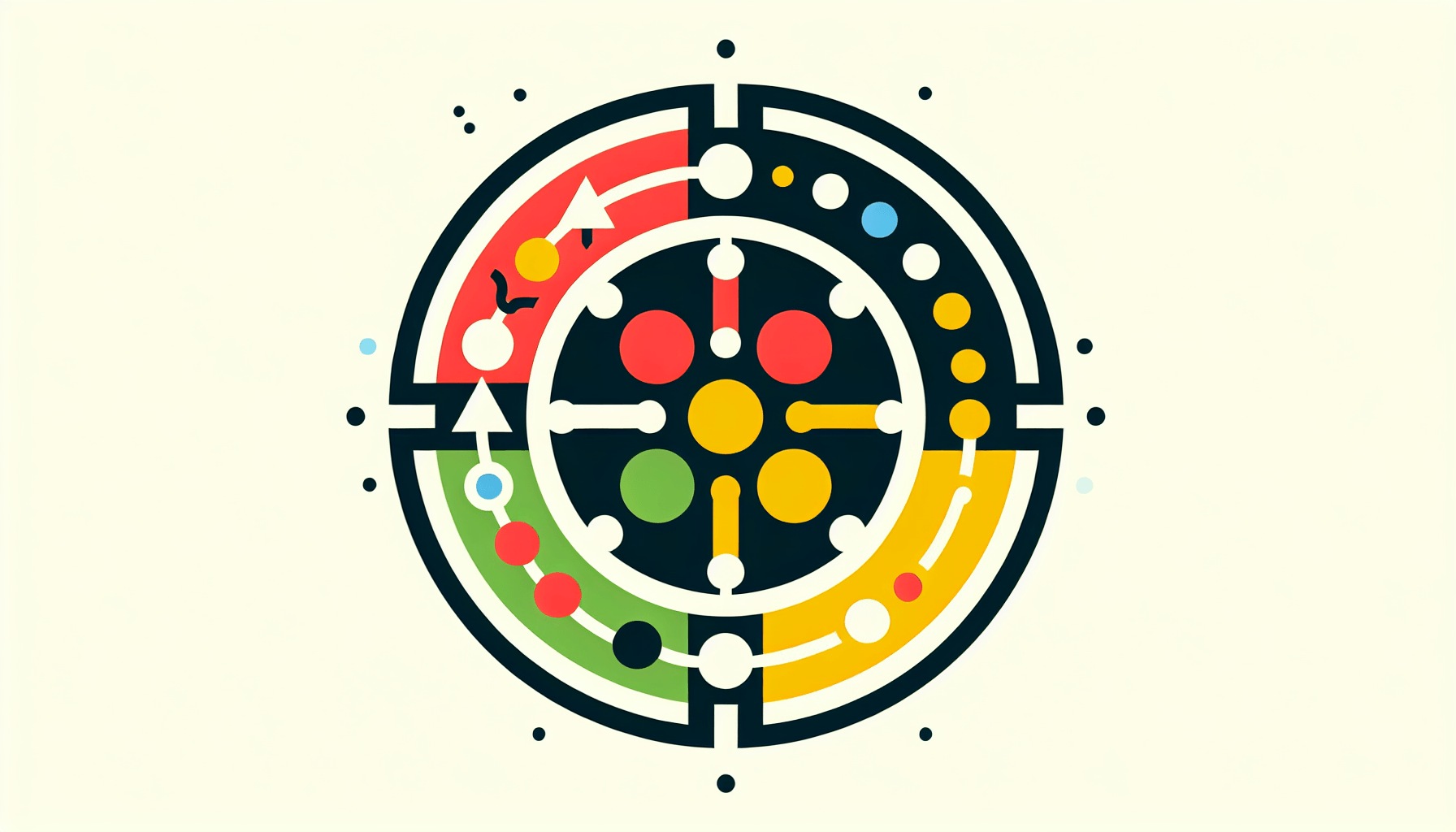 What is the circular model? in flat illustration style and white background, red #f47574, green #88c7a8, yellow #fcc44b, and blue #645bc8 colors.