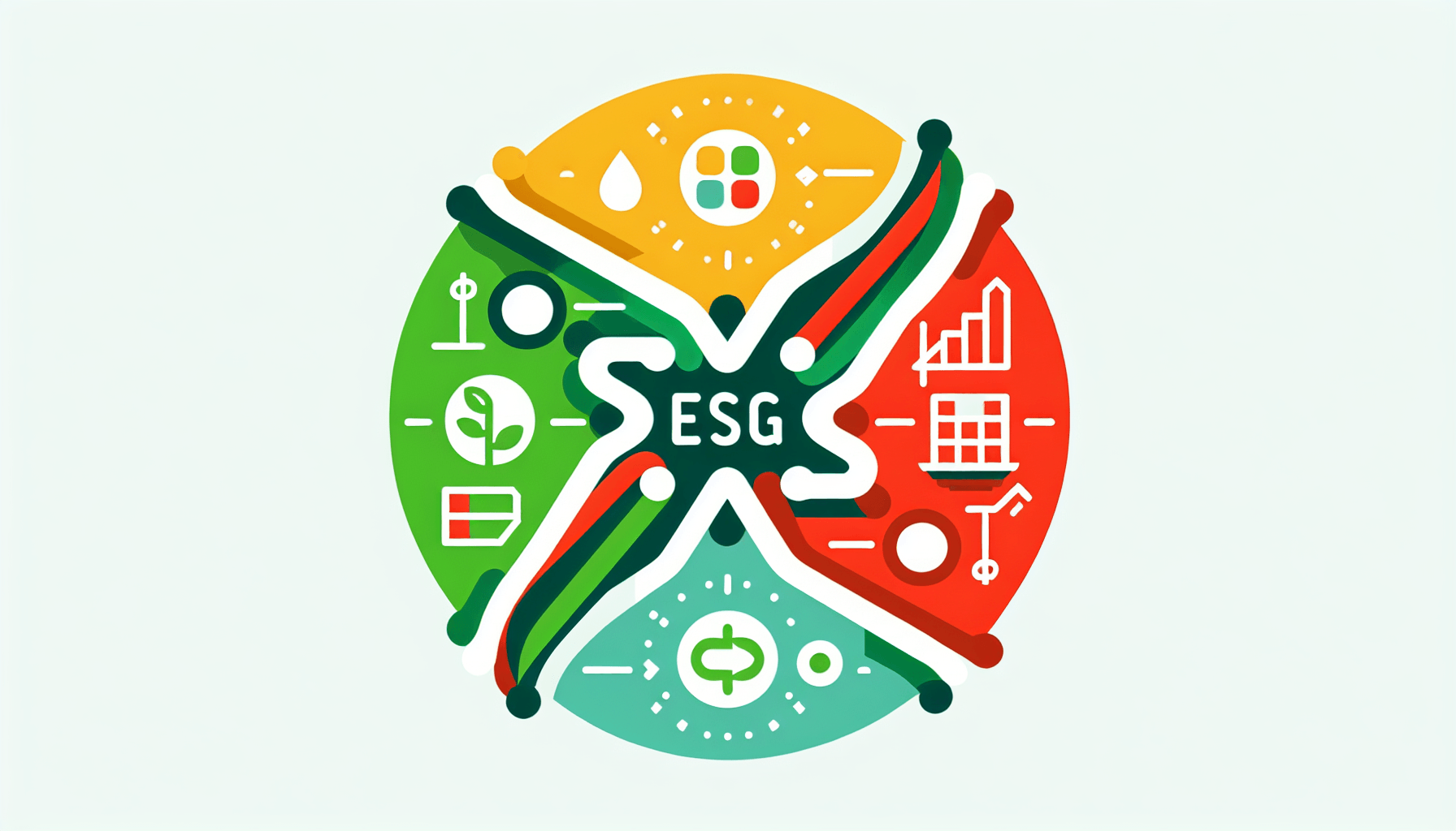 ESG in flat illustration style and white background, red #f47574, green #88c7a8, yellow #fcc44b, and blue #645bc8 colors.
