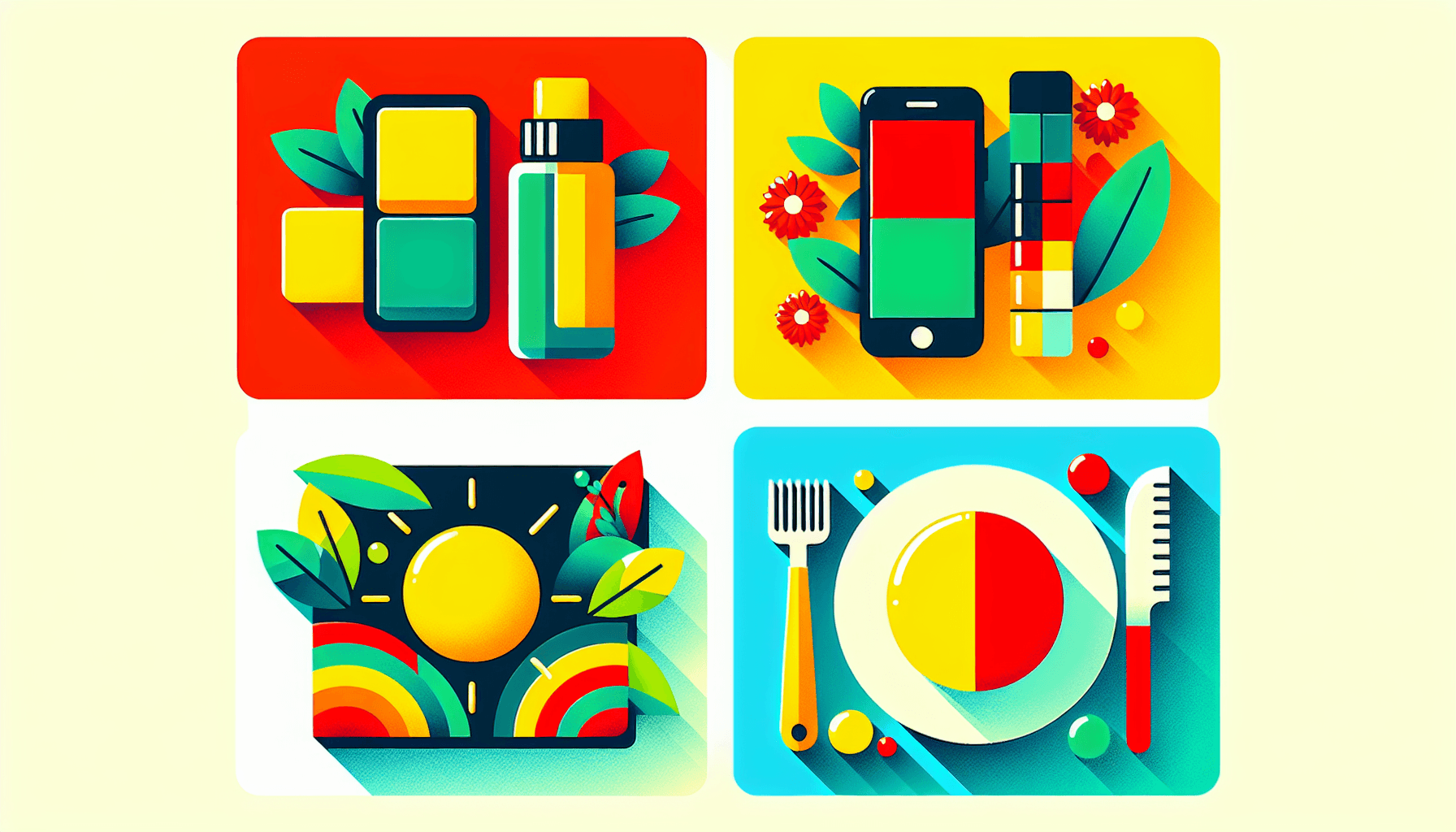 Product in flat illustration style and white background, red #f47574, green #88c7a8, yellow #fcc44b, and blue #645bc8 colors.