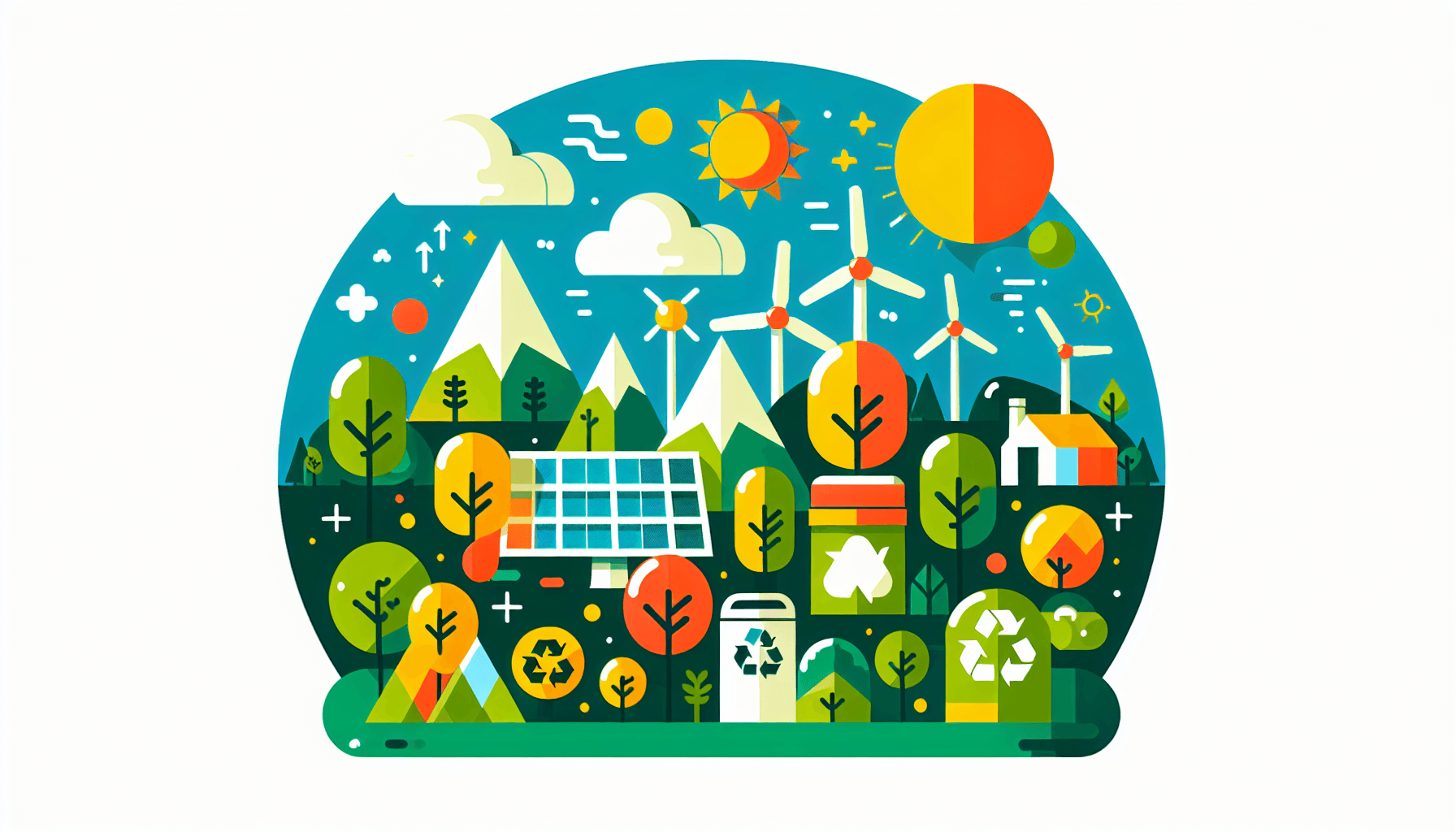 Sustainability in flat illustration style and white background, red #f47574, green #88c7a8, yellow #fcc44b, and blue #645bc8 colors.