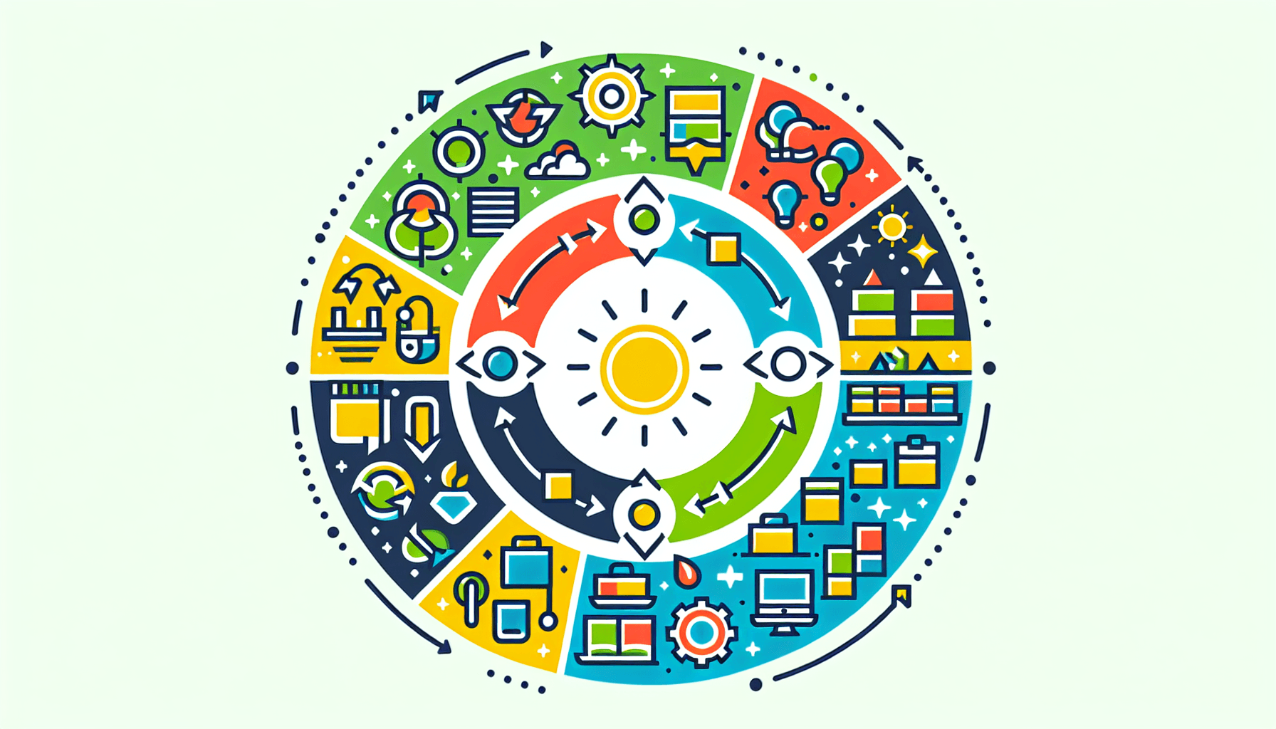 Circular Business Model in flat illustration style and white background, red #f47574, green #88c7a8, yellow #fcc44b, and blue #645bc8 colors.