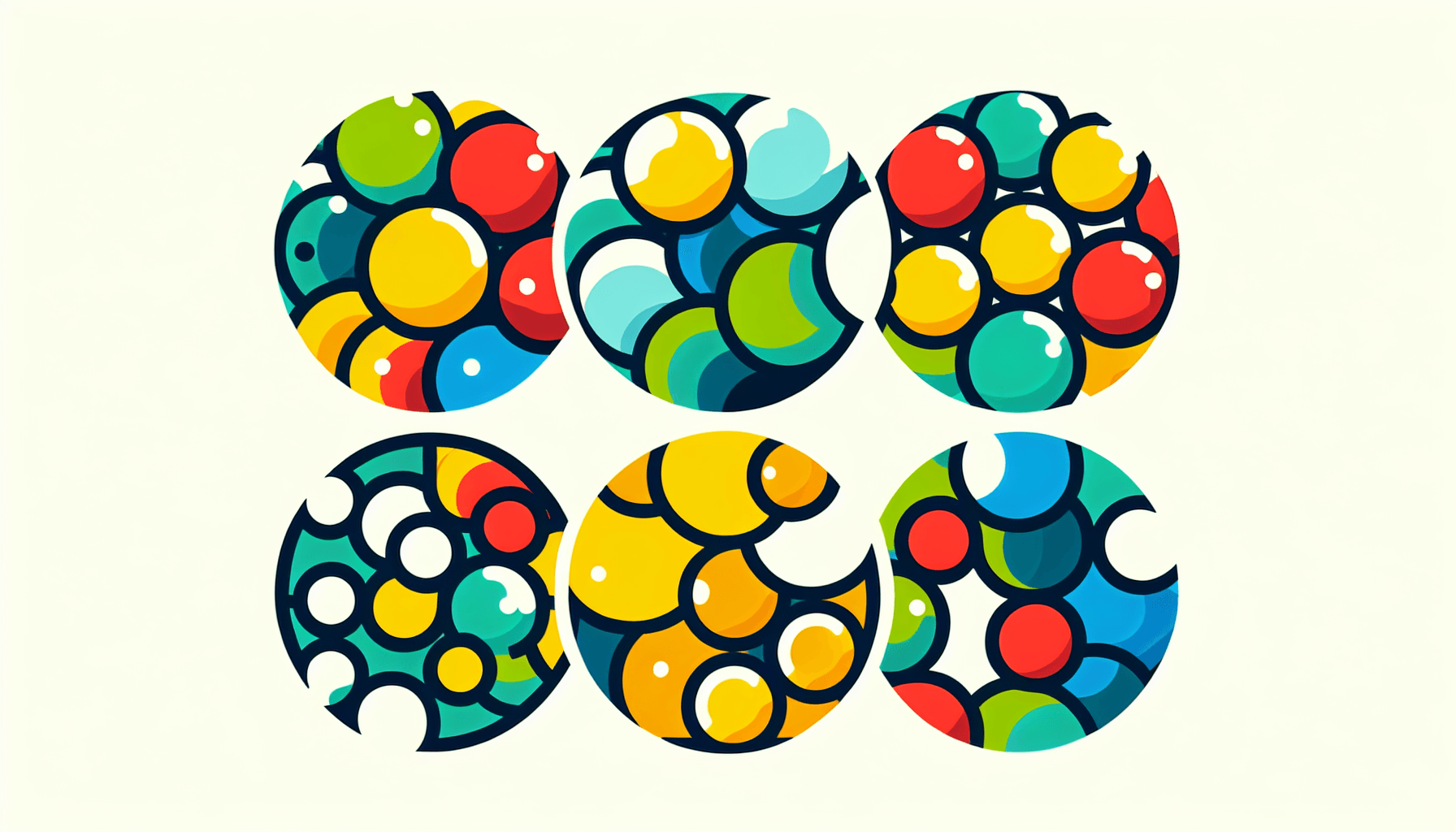 Circles in flat illustration style and white background, red #f47574, green #88c7a8, yellow #fcc44b, and blue #645bc8 colors.