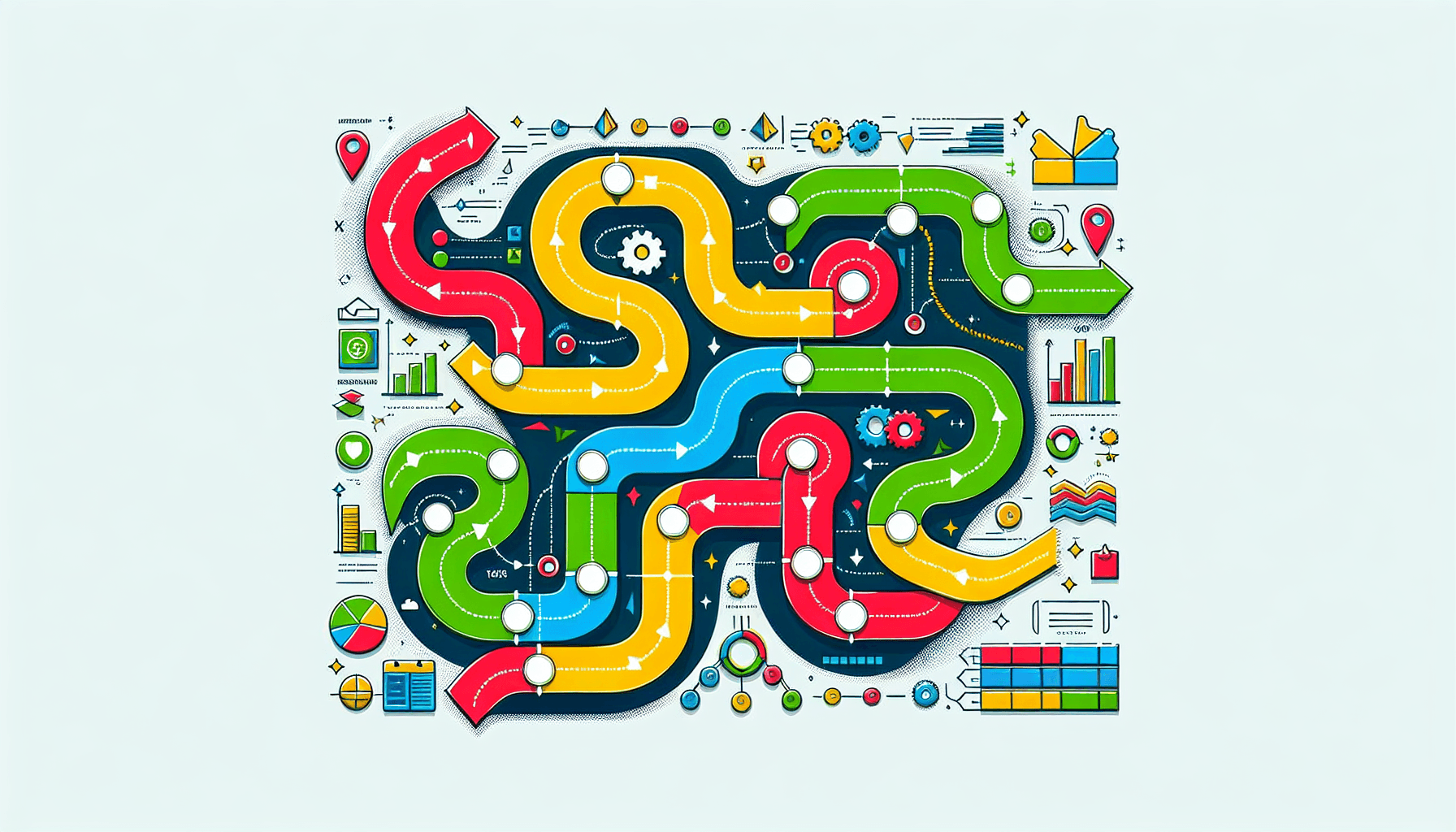 Strategic strategy -> Roadmap in flat illustration style and white background, red #f47574, green #88c7a8, yellow #fcc44b, and blue #645bc8 colors.