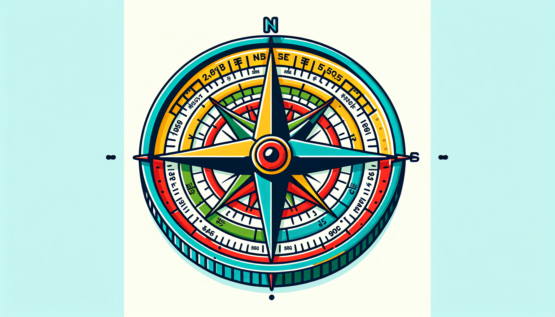 Market strategy -> Compass in flat illustration style and white background, red #f47574, green #88c7a8, yellow #fcc44b, and blue #645bc8 colors.